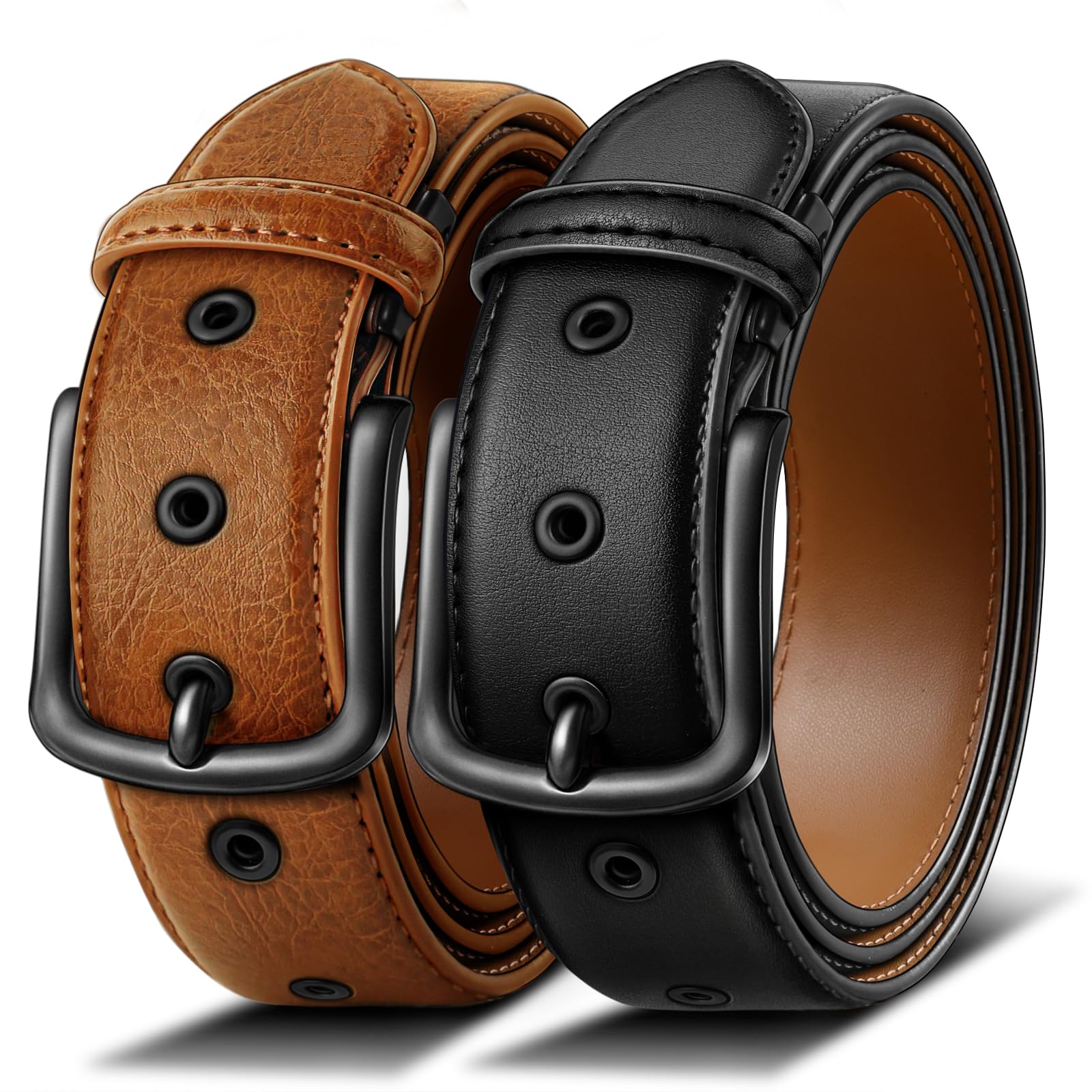 KEMISANT Men Belt 2Pack-7Holes Adjustable Leather Belt For Gift Men 1 1/2"-Metal Hole Design-Cut For Fit