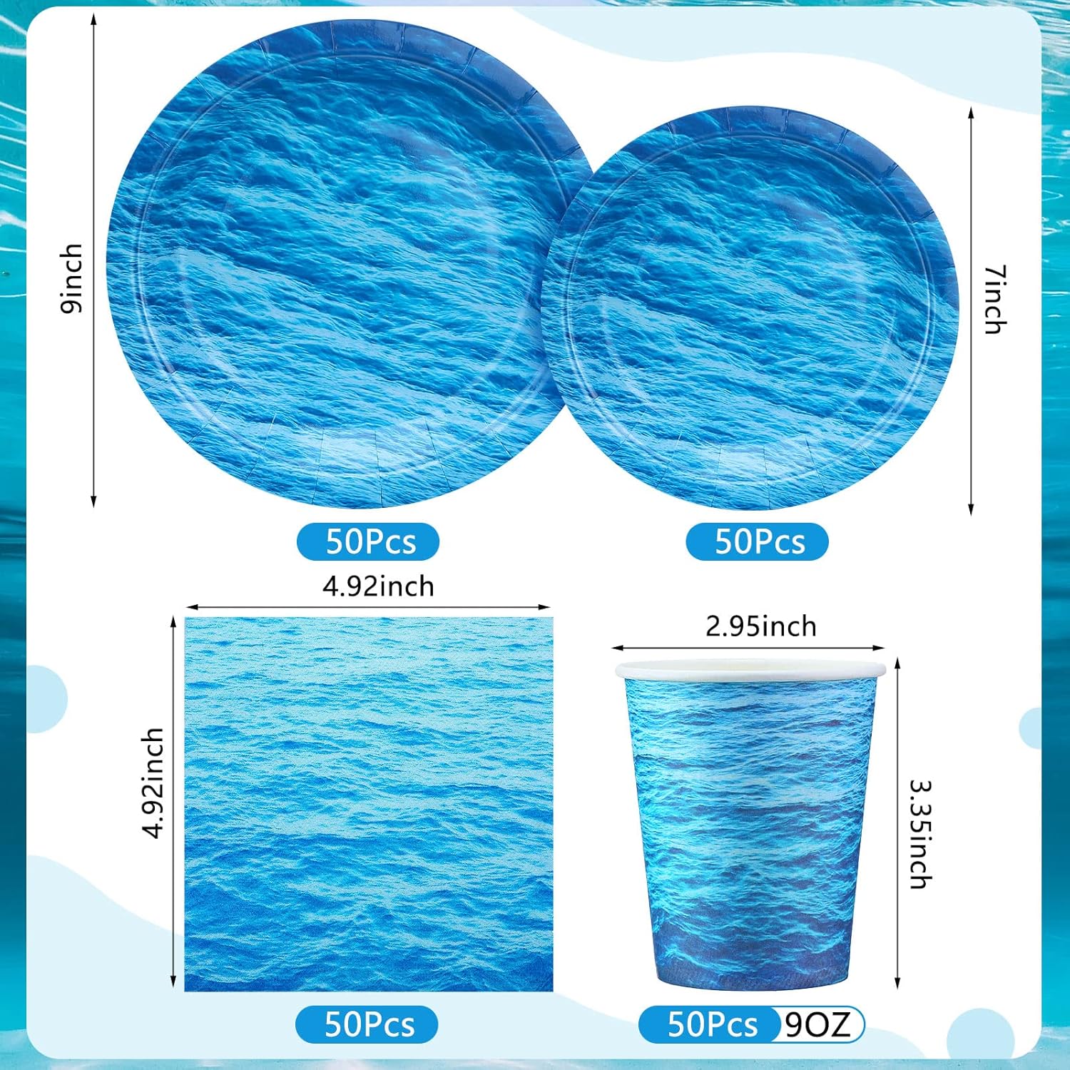 Marsui 200 Pieces Party Supplies Tableware Set Patterns Printed Plates Napkins Cups Table Decorations for Baby Shower Birthday Party (Ocean Style) - Image 3