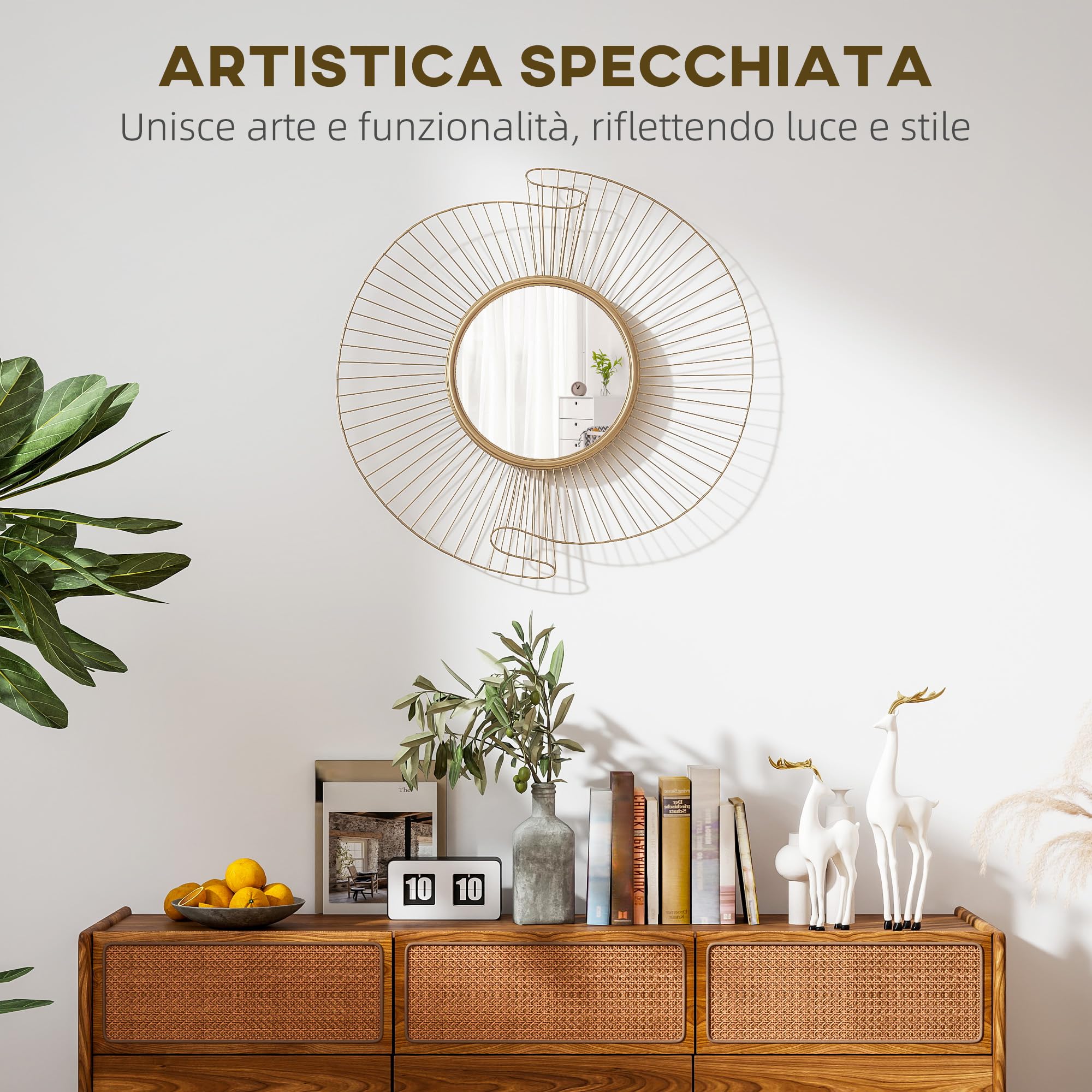 HOMCOM Decorazione Murale Specchio da Parete Rotondo, Specchiera Moderna con Strisce in Metallo e Design Plissettato, Wall Art per Soggiorno, Camera e Ingresso, 60x60 cm, Oro