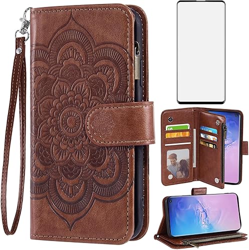 Asuwish Funda de teléfono para Samsung Galaxy S10 con protector de pantalla de vidrio templado y soporte de tarjeta de crédito con tapa de flores de