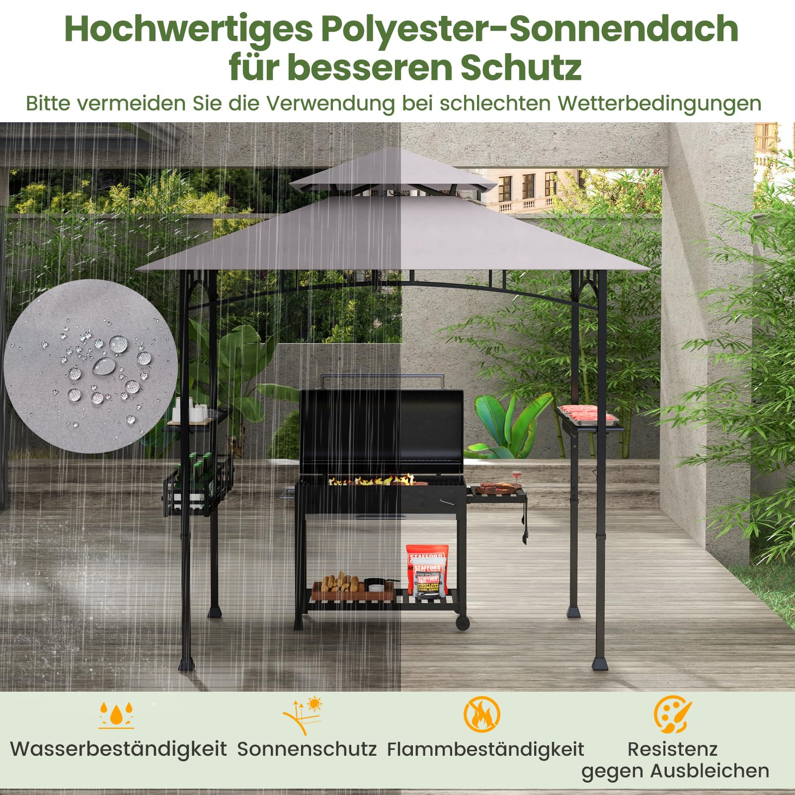 GOPLUS Pawilon grillowy, podwójny dach, 2 półki, 10 haczyków, otwieracz do butelek, kosz do przechowywania, zadaszenie, odporny na warunki atmosferyczne, na zewnątrz, do podwórków