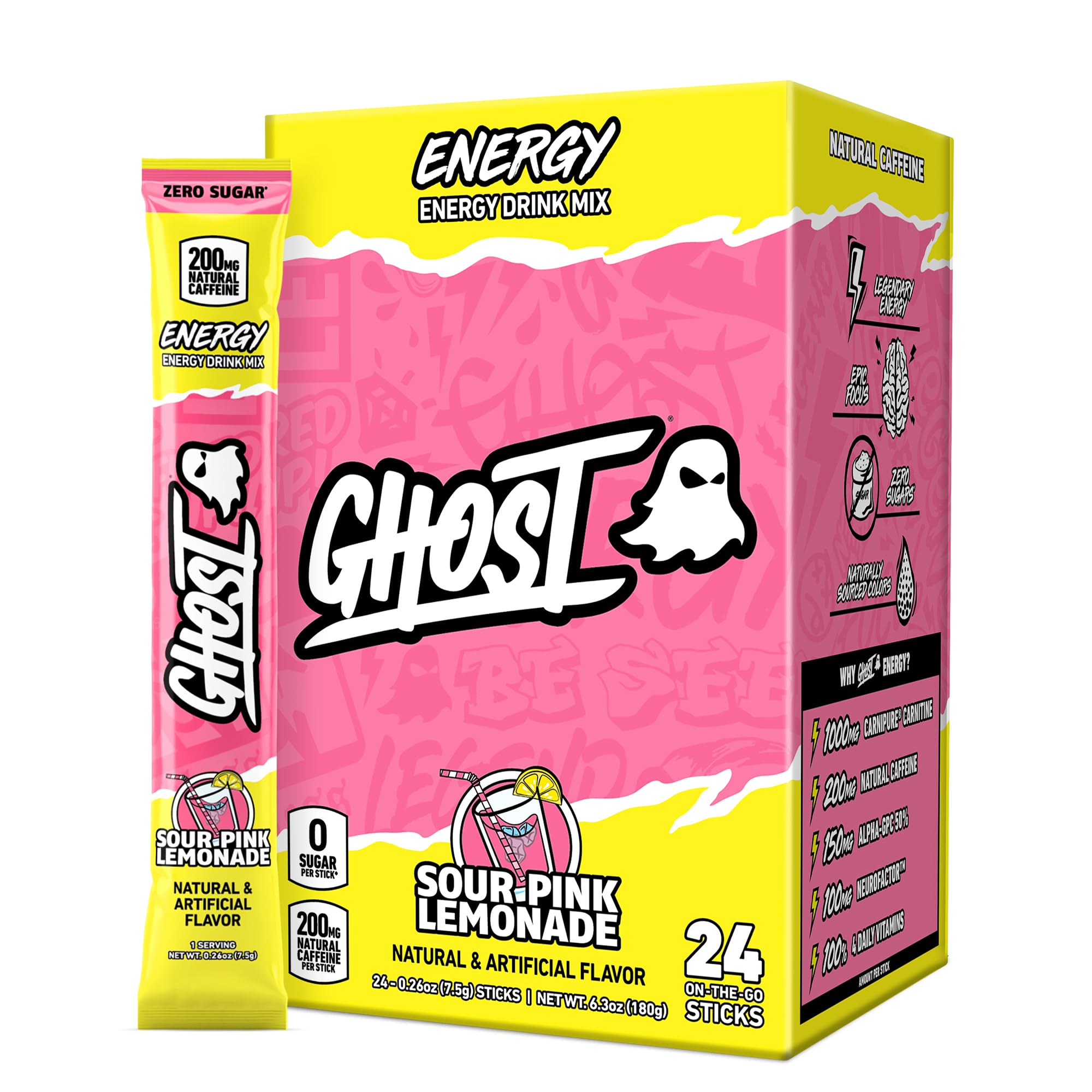 GHOST Sugar-Free Energy Drink Packets, Pink Lemonade, 24 Sticks