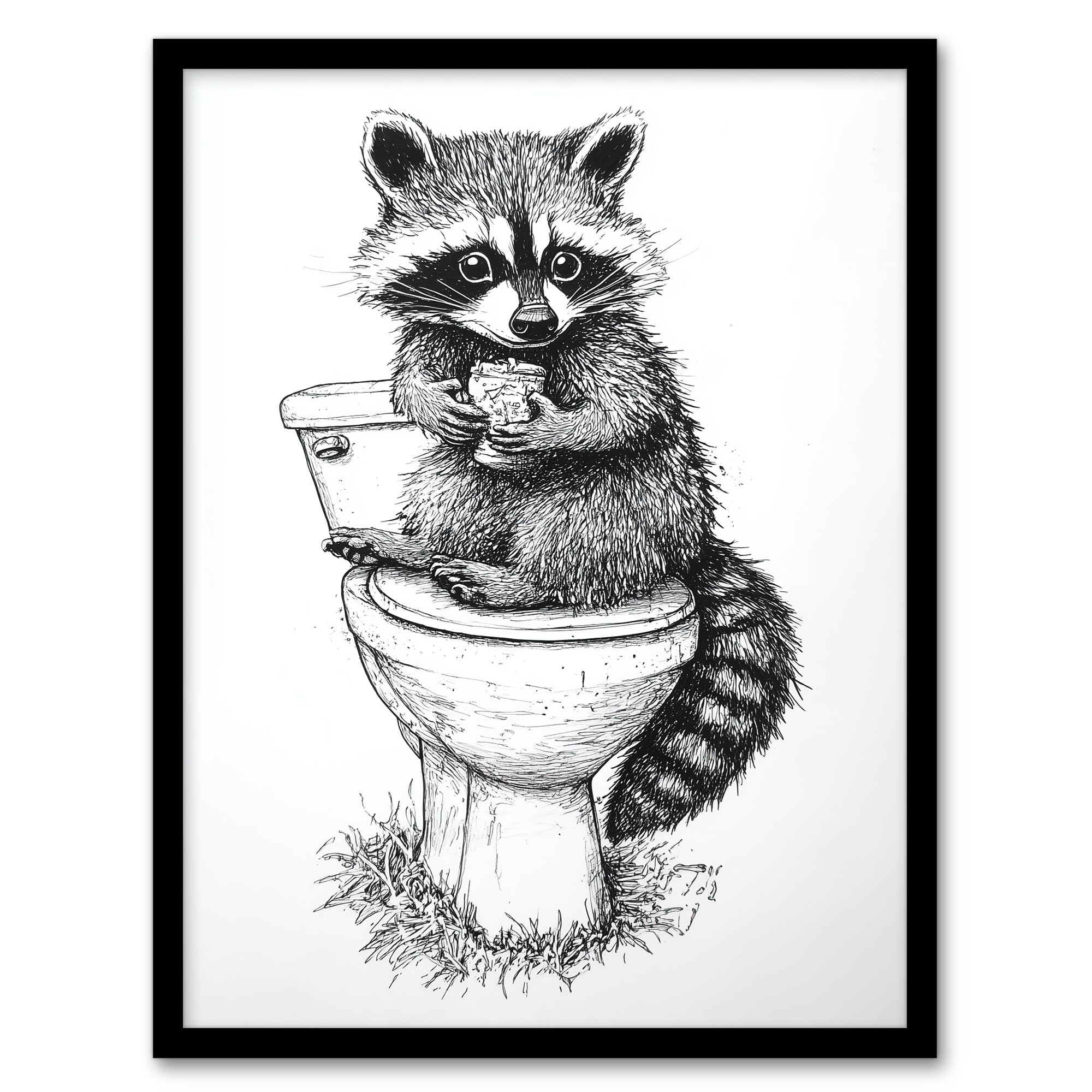 B&Q -  Cute Raccoon On Toilet Funny Black White Drawing Wall Art PrintA4 Size