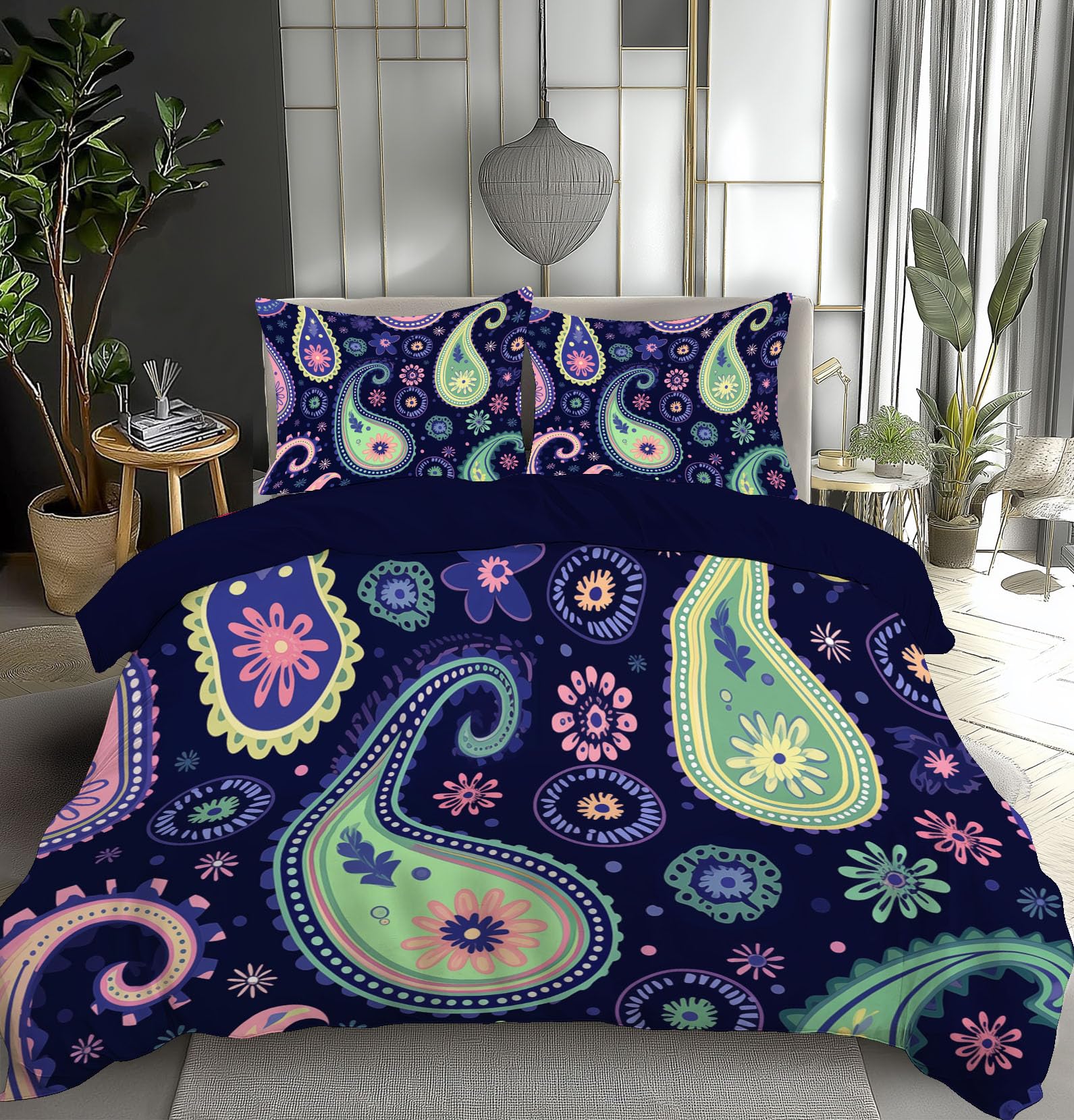 Parure de couette toutes saisons en microfibre thermorégulatrice au motif paisley