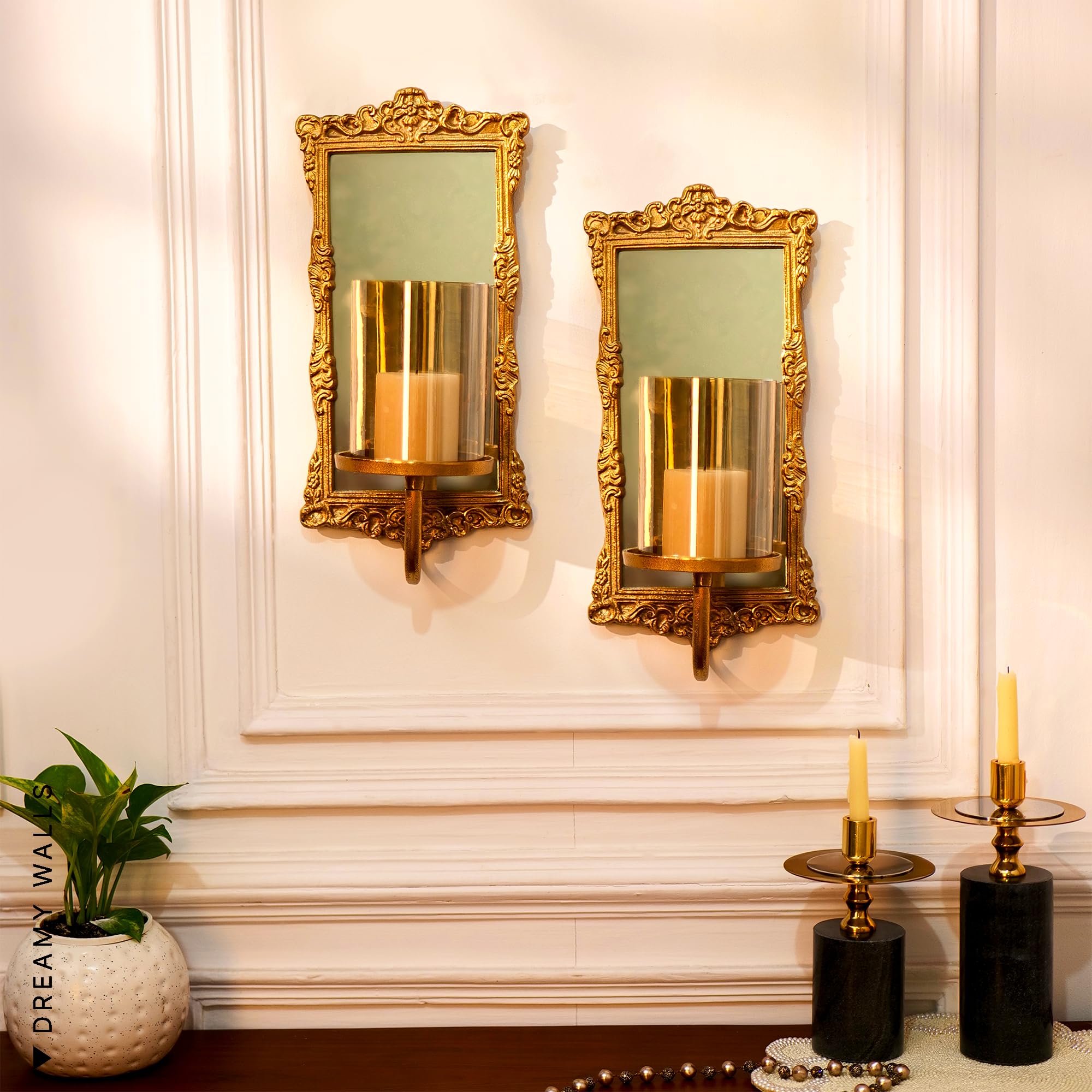 Dreamy Walls Wall Candle Holder Wall Hanging Gold Mirror Candle Holders for Home Decor with Glass Hurricane, Decorative Candle Stands for Wall Decor Set of 2-image-46
