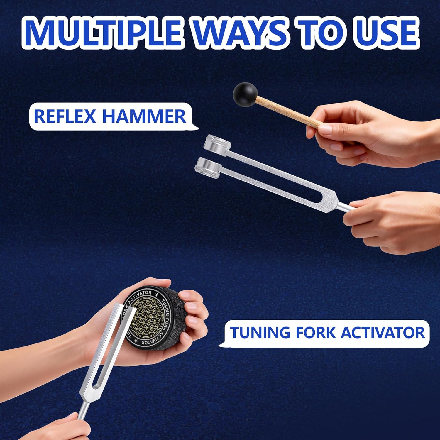 Tuning Forks for Healing Set - 128Hz, 136Hz, 256Hz, 384Hz with Activator & Crystal Base - Weighted & Unweighted Sound Therapy Tools for Chakra, Yoga, Meditation - All-in-One Premium Leather Pouch