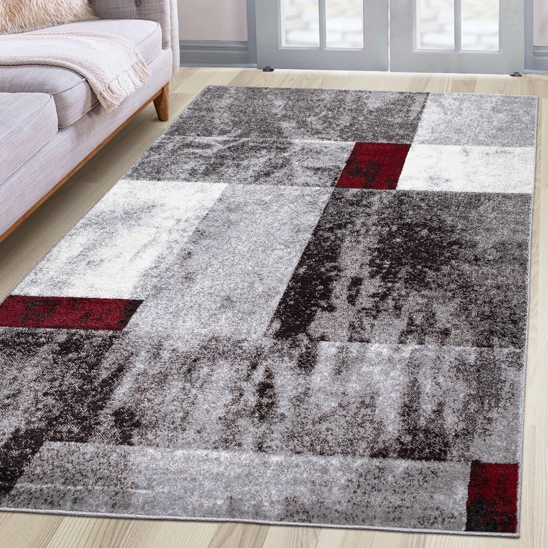 oKu-Tex Teppich Wohnzimmerteppich [80x150 cm] weicher Kurzflor grau rot meliert - Grauer Teppich für das Wohnzimmer - Carpet Living Room - geometrisches Patchwork Design - Deutsche Marke