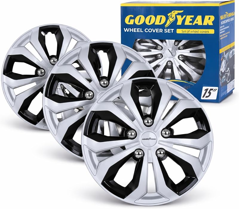 Tapacubos Goodyear SR Acapulco 15" Bicolor - Juego de 4 - Tapacubos Universales - Diseño Deportivo - Fácil Montaje
