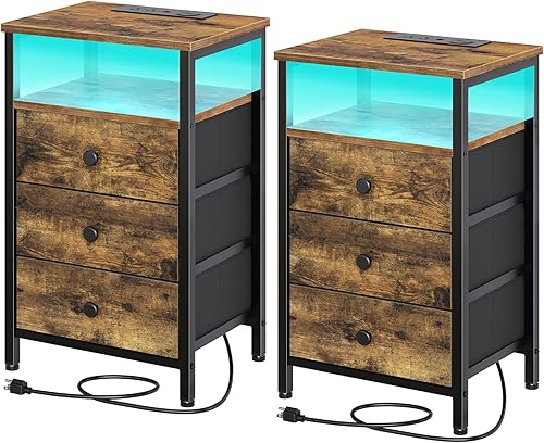 Juego de 2 mesitas de noche, mesita de noche con estación de carga inalámbrica, mesa auxiliar con luces LED, mesa auxiliar con 3 cajones no tejidos,