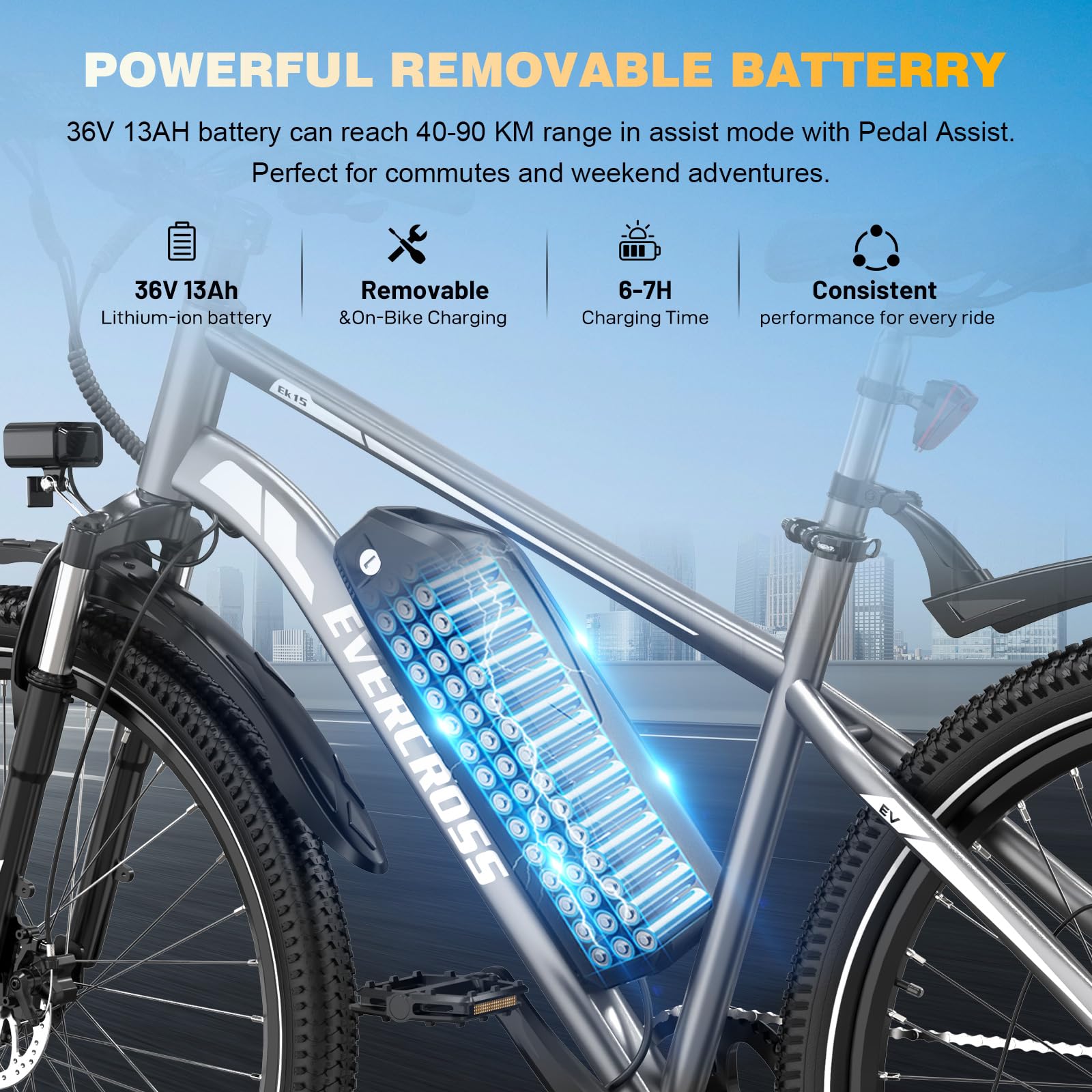 EVERCROSS EK15 E-Bike für Erwachsene, 27,5'' Elektrofahrräder - App, 250W Motor, 36V 13Ah Akku, 15/20/25 KM/H, 7 Gang Getriebe, urbanes Elektrofahrrad Mountainbike für Unisex