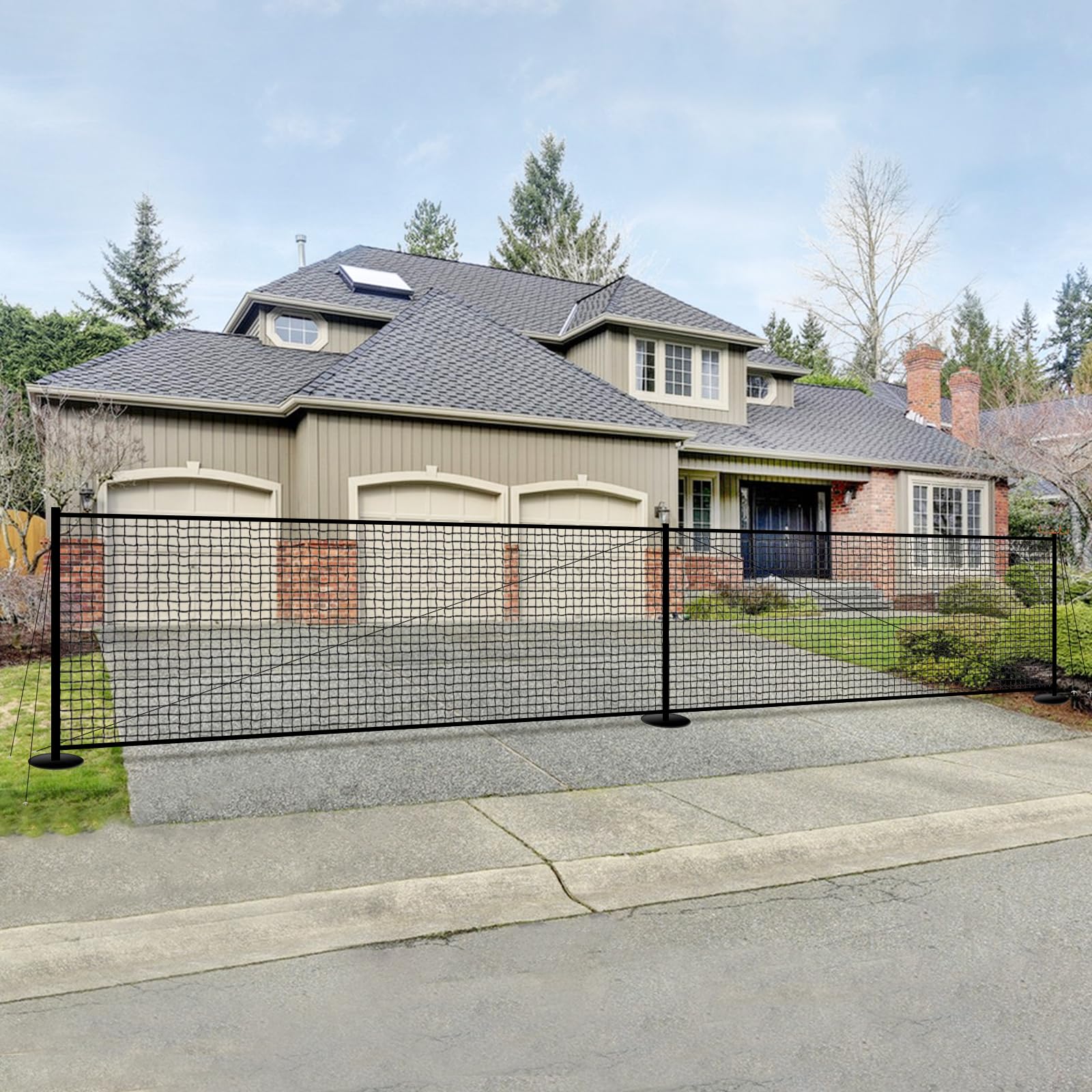30FT x 5FT Driveway Safety Net Fence, Outdoor Yard Play Area Safety Barrier for Kids| Heavy Duty Steel Poles & Net, Not Fall Down Easily | Guard Net
