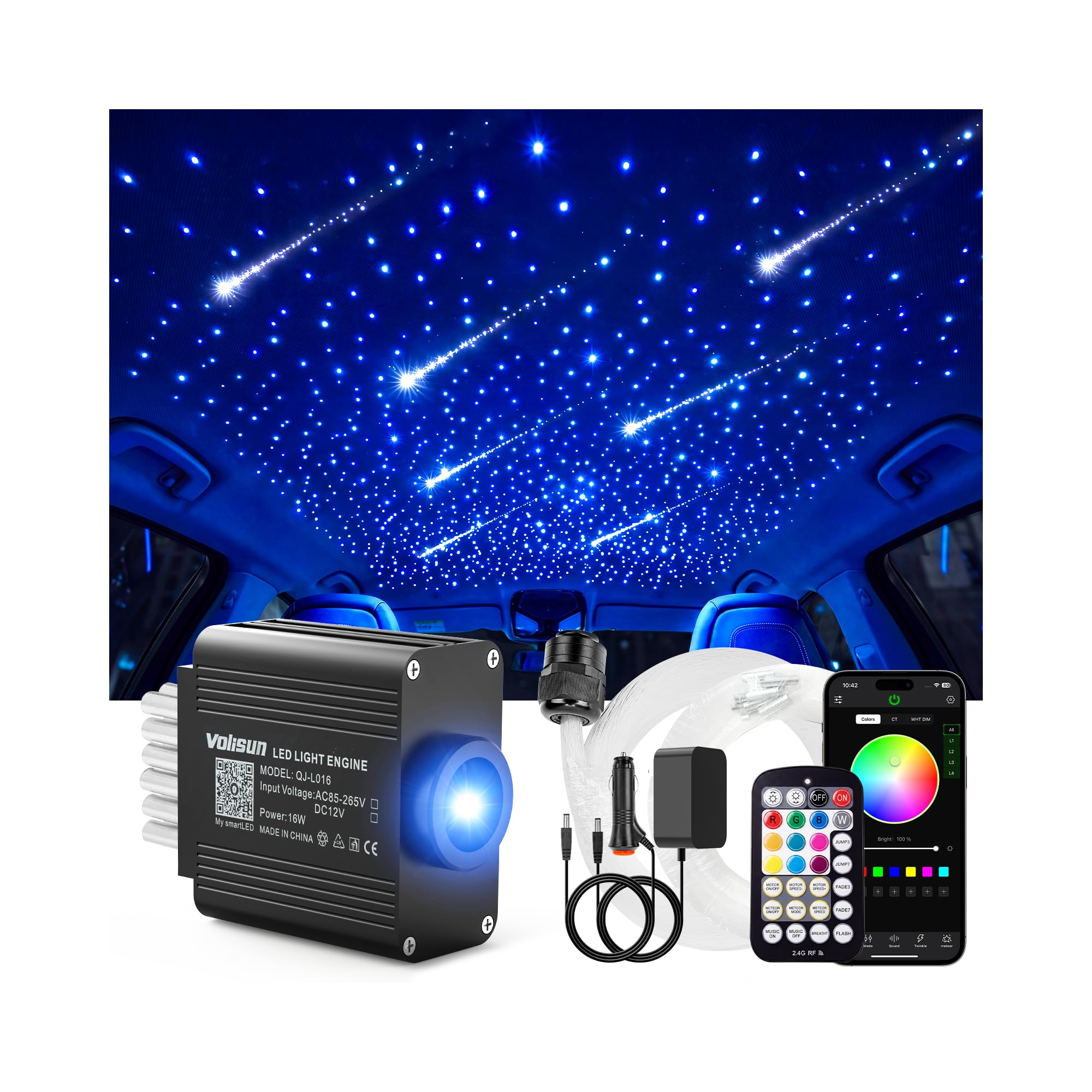 VOLISUN 16W Starlight Headliner Kit for Car,Mixed 460pcs Fiber Optic Lights,9.8ft Star Lights+Meteor Shooting Star,APP &amp; Remote Control,RGBW Interior Car Lights for Ceiling,Home,Party