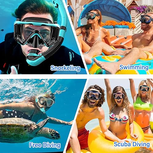 Miniatura 7 de Equipo de esnórquel para adultos, juego de máscara de esnórquel de vidrio templado de 180 grados, gafas antivaho con parte superior seca, máscara de