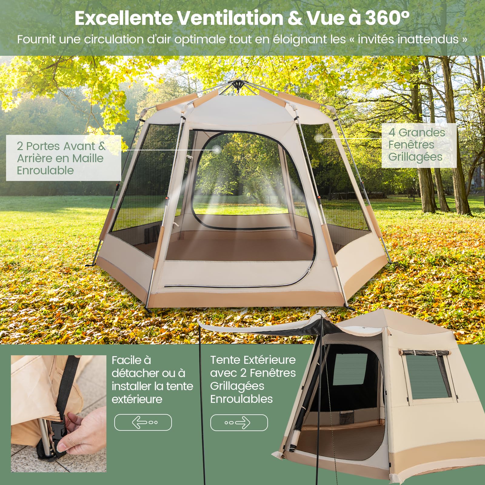 GOPLUS Tente de Camping Pop-Up pour 4-6 Personnes, avec Fixation Automatique, Double Couche & Double Toit, 2 Entrées &4 Fenêtres, Sac de Transport, Tente Familiale & Coupe-Vent pour Randonnées