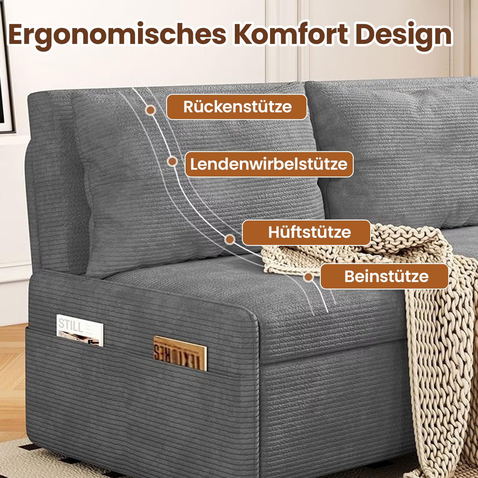 Generisch 3-in-1 Schlafsofa mit Bettfunktion und stauraum für kleinen Raum | Ausziehbares Einzel-Schlafcouch mit Kissen und Seitentasche Couch mit schlaffunktio für Gästezimmer und kleine Wohnung