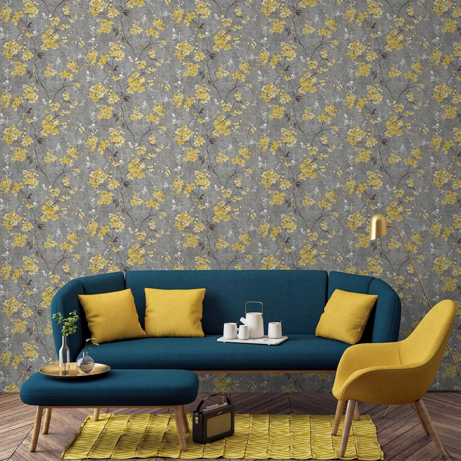Sophie Laurence Charcoal & Ochre Oriental Trail Vinyl Wallpaper | Metallic Mustard Floral Design | Paste The Wall | Washable | Textured | 10M X 0.53M Roll Living Room Bedroom Hallway Wall Paper