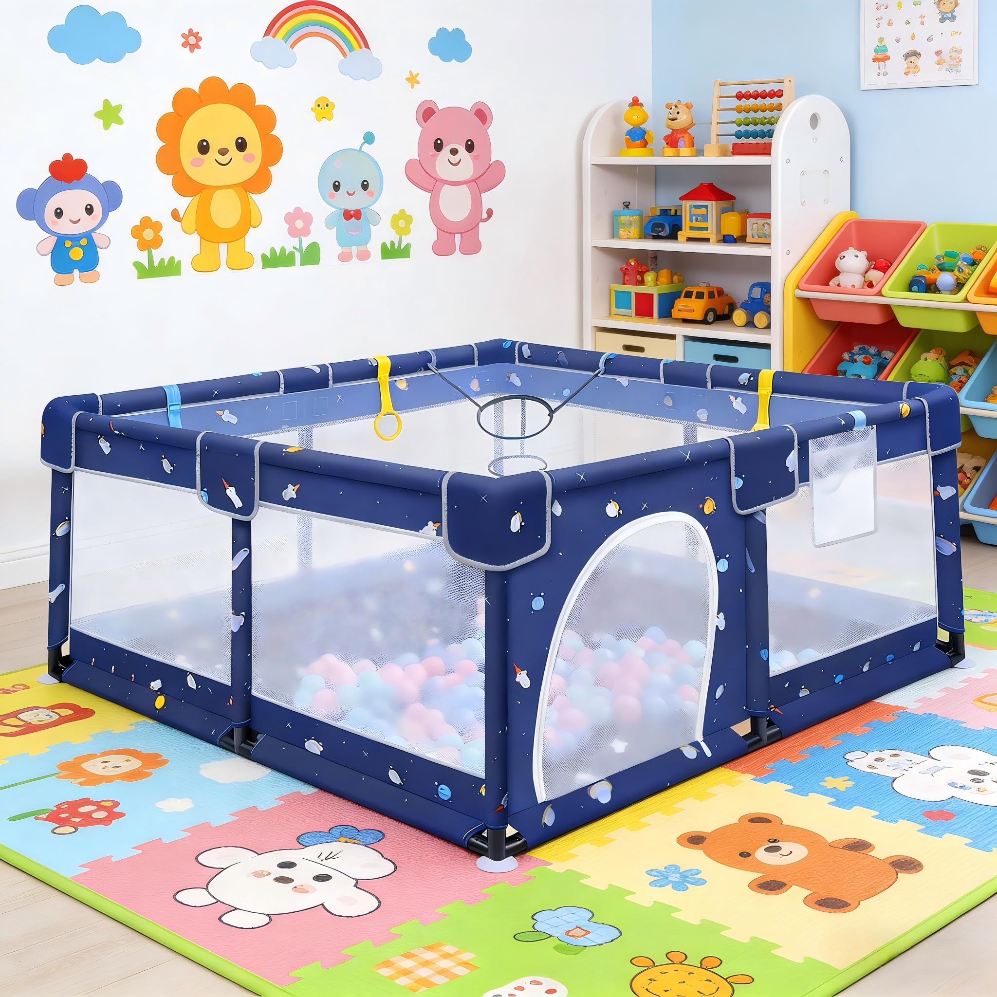 Parque infantil XXL 150 x 180 cm con alfombra de juego, dibujos animados