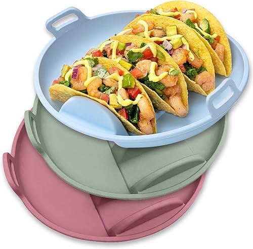 Platos de silicona para tacos, juego de 3 bandejas reutilizables para servir tacos con 4 divisores, apto para lavavajillas y microondas, soporte de