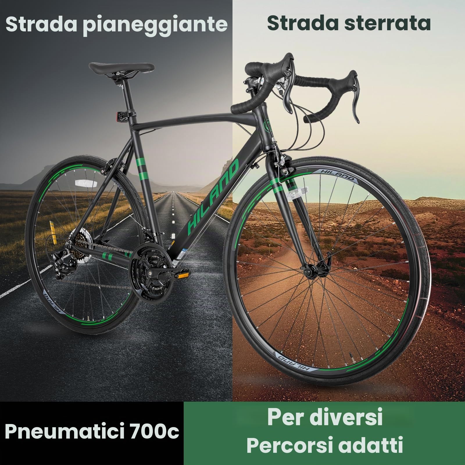 HILAND Daring Bici da Città e da Pendolare 28”, 14 Velocità, Telaio in Alluminio da 49/53/57 cm, 700C Bicicletta Stradale per Uomo e Donna, Freni Caliper, Nero/Rosso/Verde