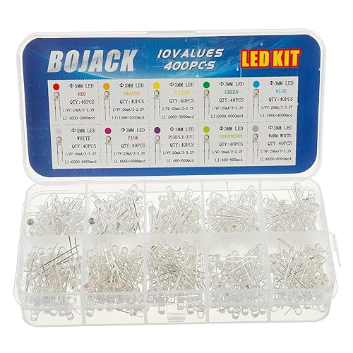 BOJACK 10 colores 400 unids 0.118 in LED diodo luces Assored Kit Pack (rojo/Ora/YEL/Gre/Blu transparente DC 2V - 3.2V 20mA) Iluminación brillante