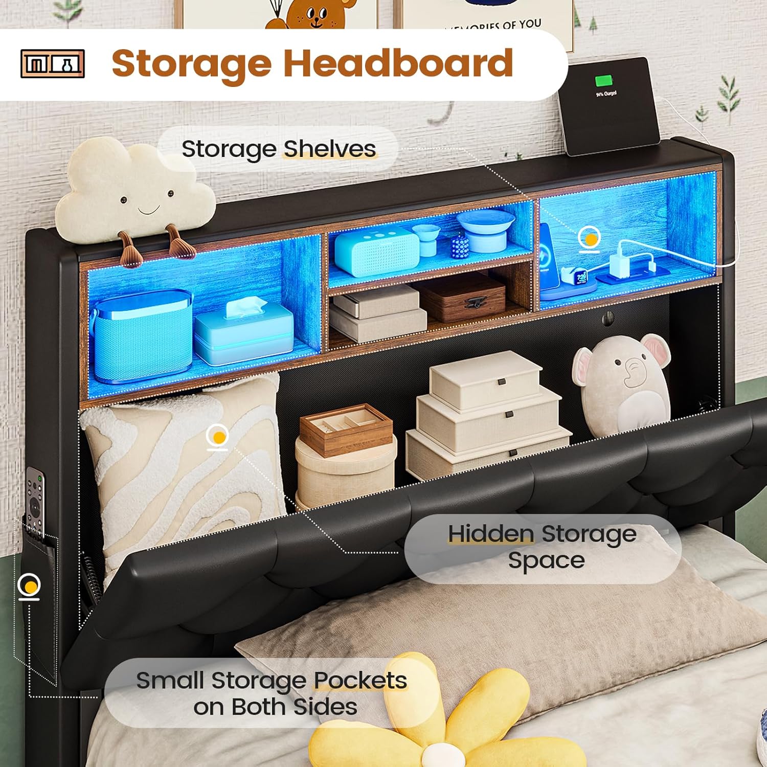Close-up of the headboard showing open shelves, a hidden storage space, and side pockets.