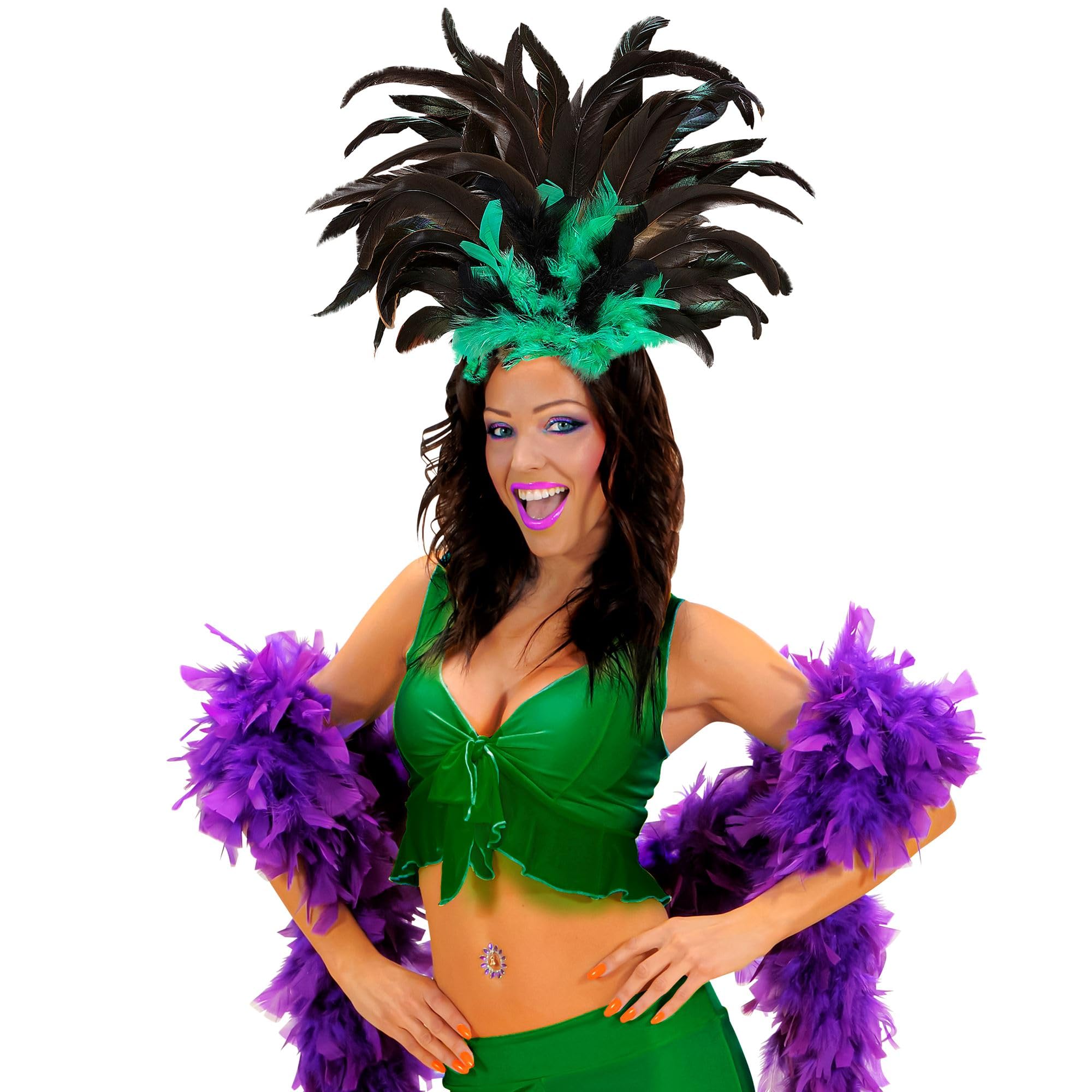 W WIDMANN MILANO Party Fashion 66013 - Serre-tête à plumes Copacabana, vert, Brésil, samba, coiffe, accessoire, soirée à thème, carnaval