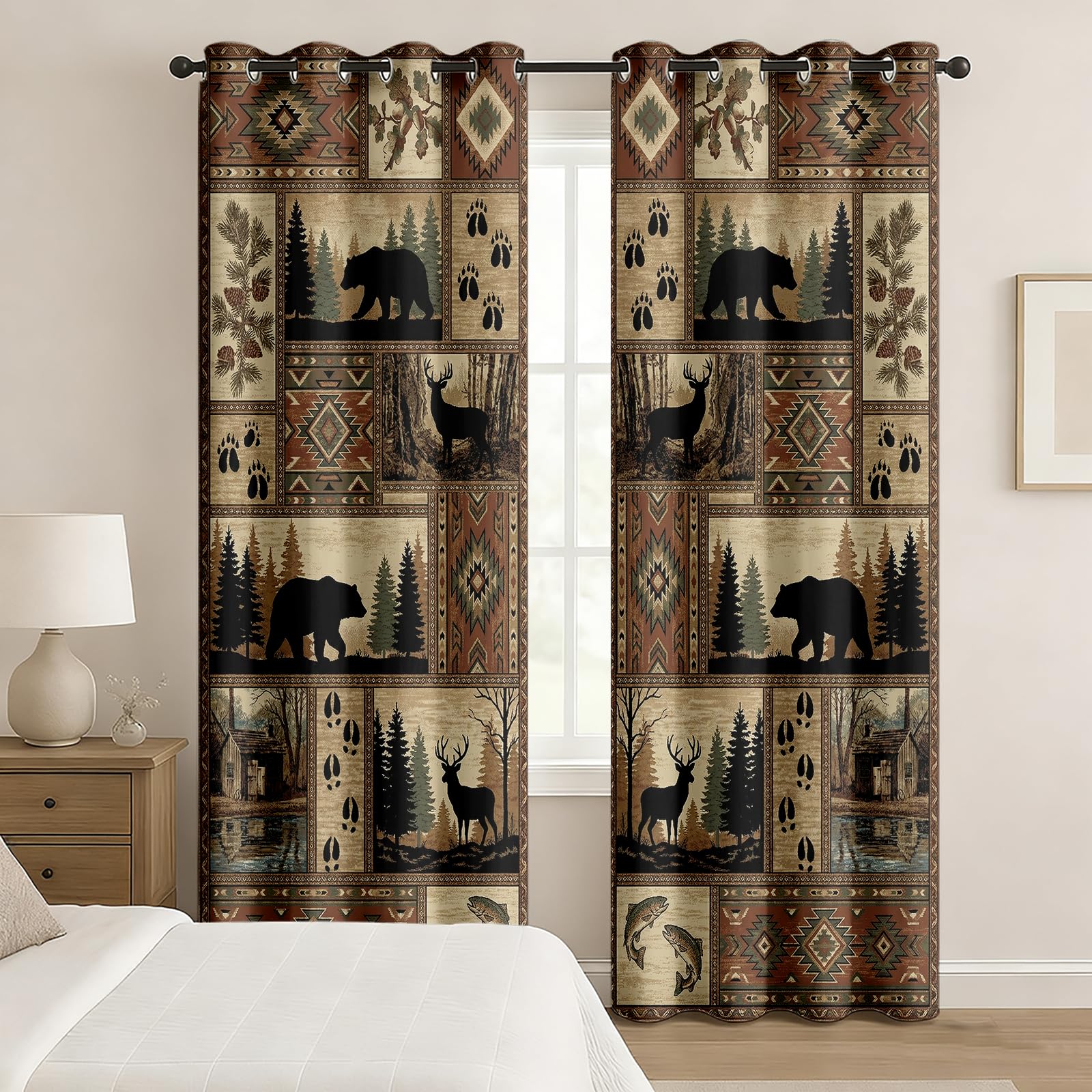 Vorhänge Herbstwald Landschaft mit Schwarzbär & Hütte, Romantischer Sonnenuntergang am Fluss, Ölgemälde Stil Gardine, Verdunkelung Ösenschal Polyester