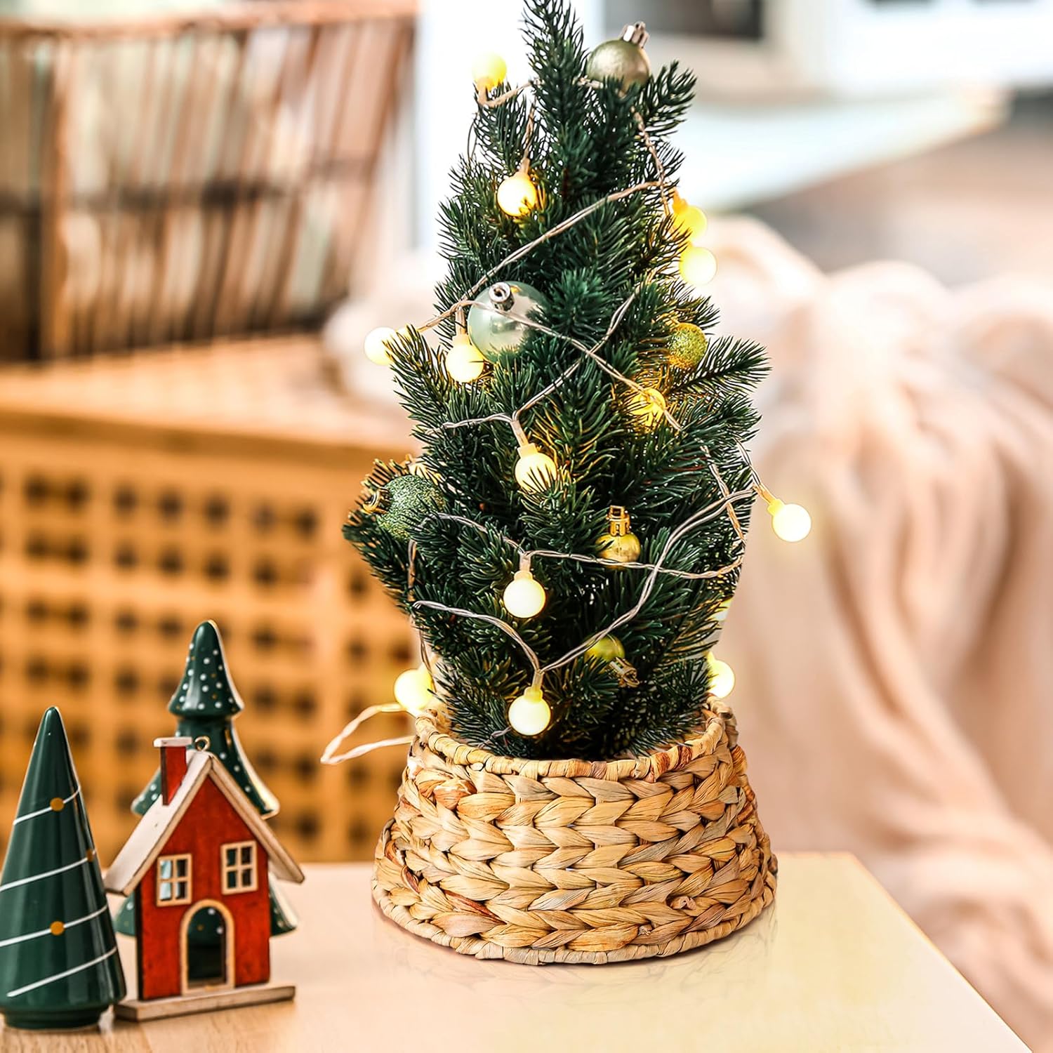 Hollowfly Mini Christmas Tree Collar - 8 Inch Woven Rattan Skirt for 2 Ft Xmas Stand Base Cover - Boho Ring for Rustic Farmhouse Decorations