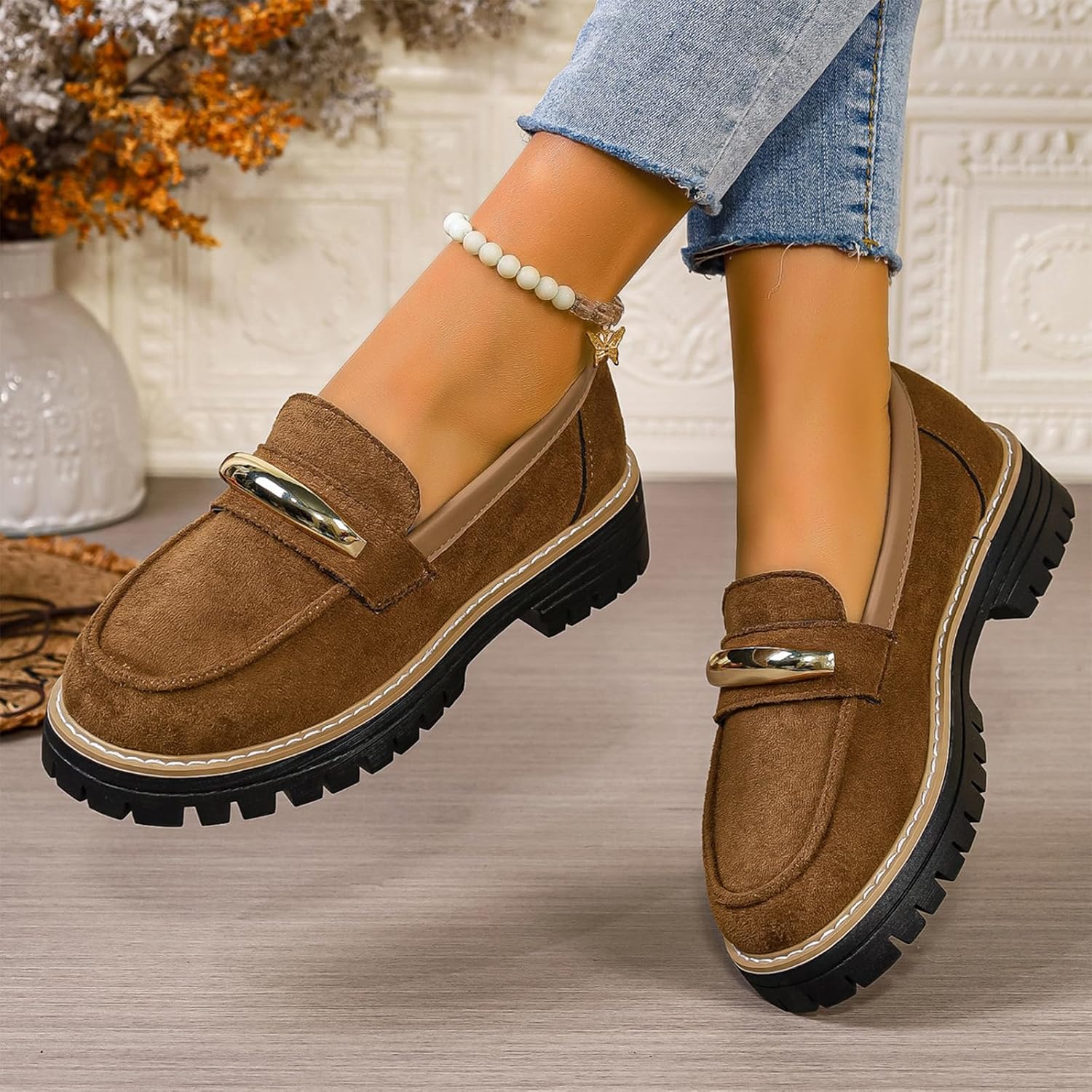 Women's Suede Platform Loafers Round Toe Comfortable Slip On Non Slip Lug Sole Office Dress Shoes Walking Work Formal Business Penny Loafer Shoes - Image 2