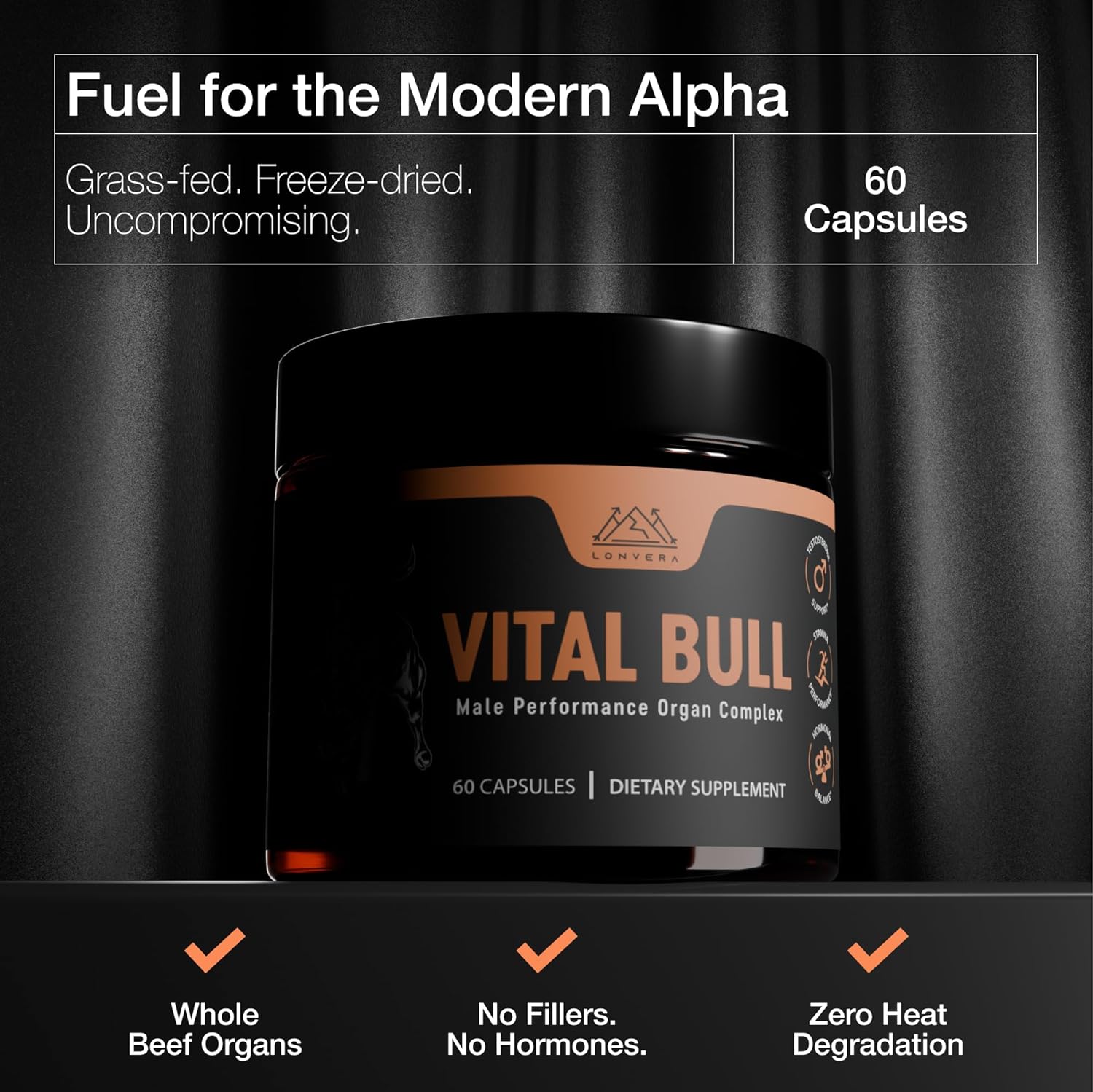 Vital Bull Beef Organ Supplement for Men with Grass Fed Liver, Testicle, Prostate & Bone Marrow – Freeze Dried Beef Organ Capsules for Nutrient Support – 90 Day Supply