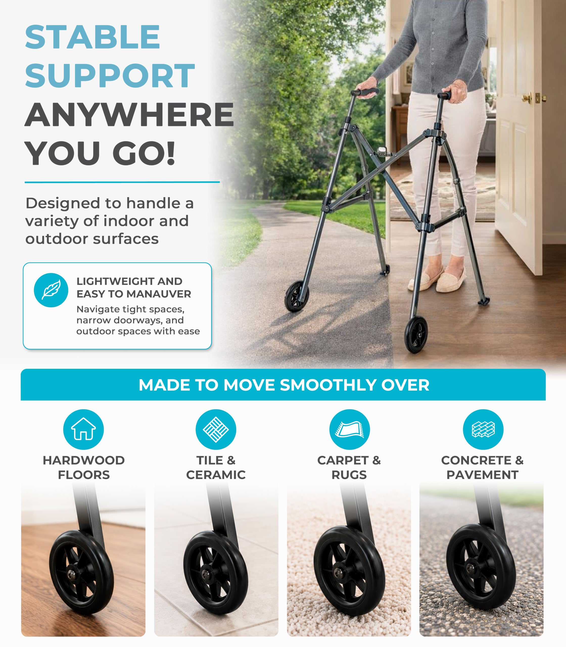 Stander Wonder Walker with 5-inch Wheels, Lightweight Folding Walker for Adults, Seniors, and Elderly, Collapsible Travel Walker, Ski Glides for Mobility Support, Compact, Black Walnut — Amazon image 7