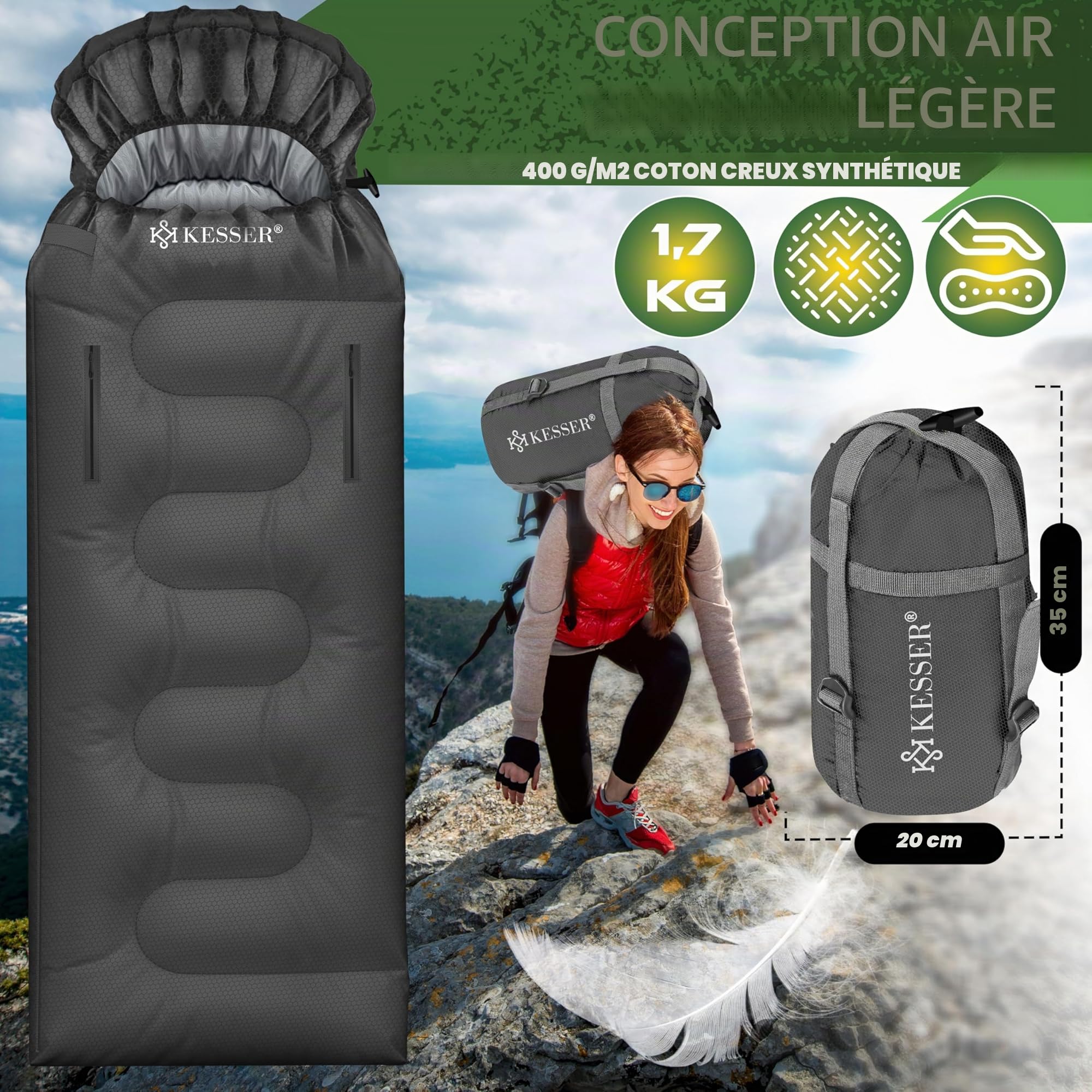 KESSER® Sac de couchage d'extérieur | Sac de couchage couverture 3-4 saisons | Sac de couchage de camping pour adultes et enfants | Léger et portable, chaud et imperméable avec lampe de camping et