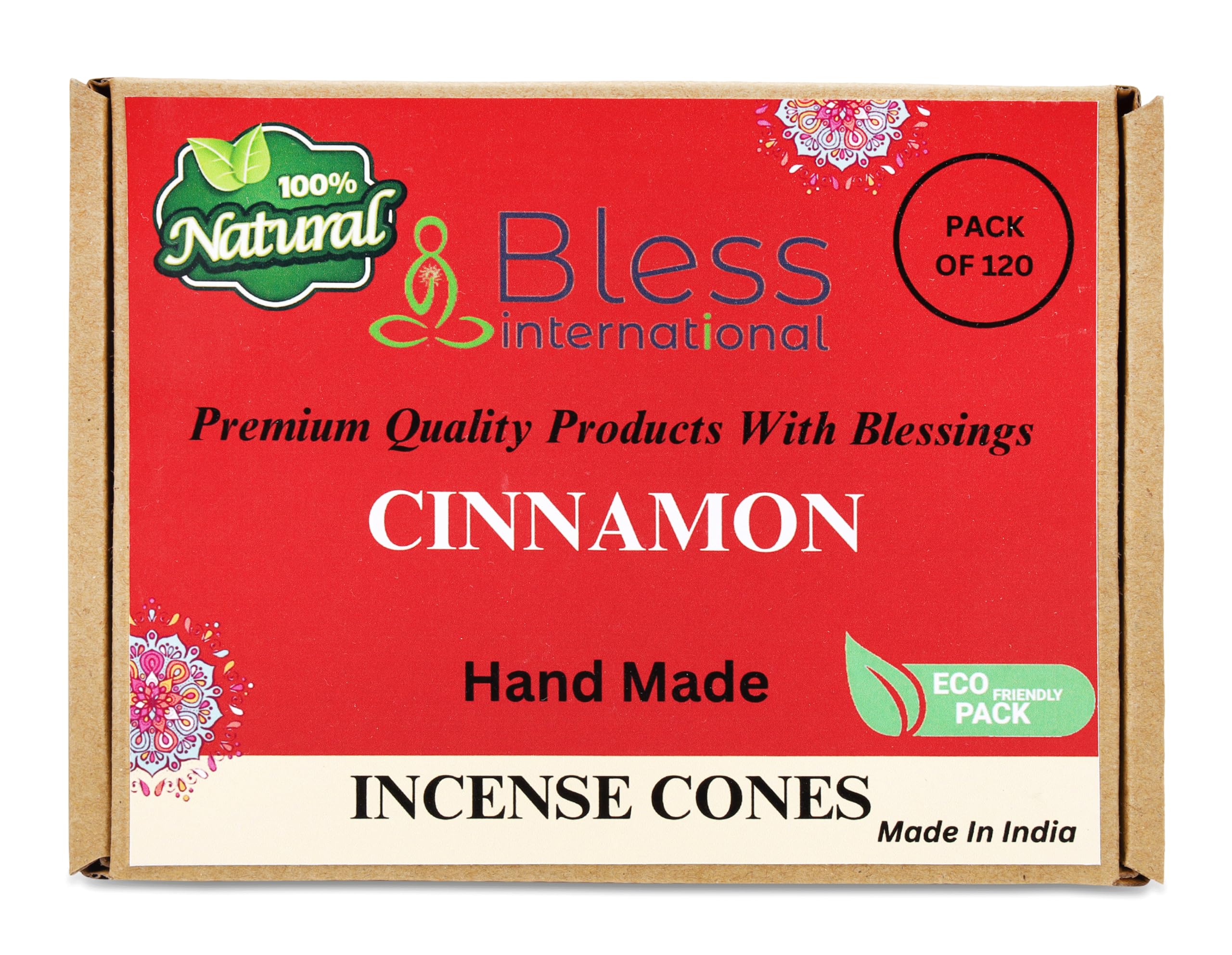 Bless InternationalCinnamon 100%-Natural-Incense-Cones Handmade-Hand-Dipped Organic-Chemicals-Free for-Purification-Relaxation-Positivity-Yoga-Meditation The-Best-scents (120 Count)