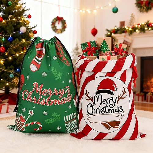 Miniatura 4 de Mornajina 4 bolsas de lona de Navidad de Papá Noel de 28 x 20 pulgadas y 25 x 18 pulgadas, bolsas de regalo con cordón, bolsas de regalo de Navidad