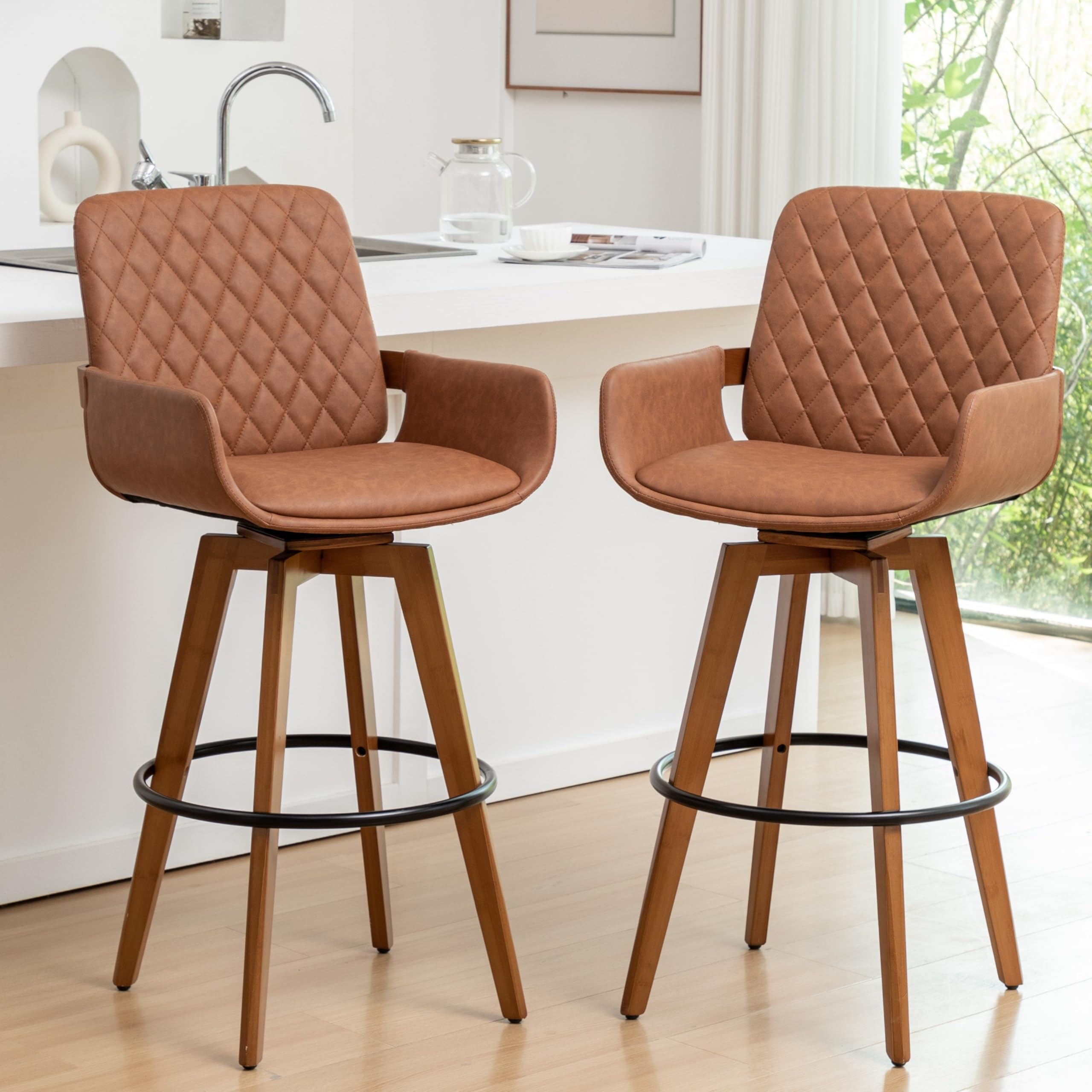 HOCEWI Bar Height Bar Stools Set of 2, 30 Inch Mid Century Modern Barstools Upholstered PU Leather Swivel Bar Stools with Arms and Back for Home Bar/