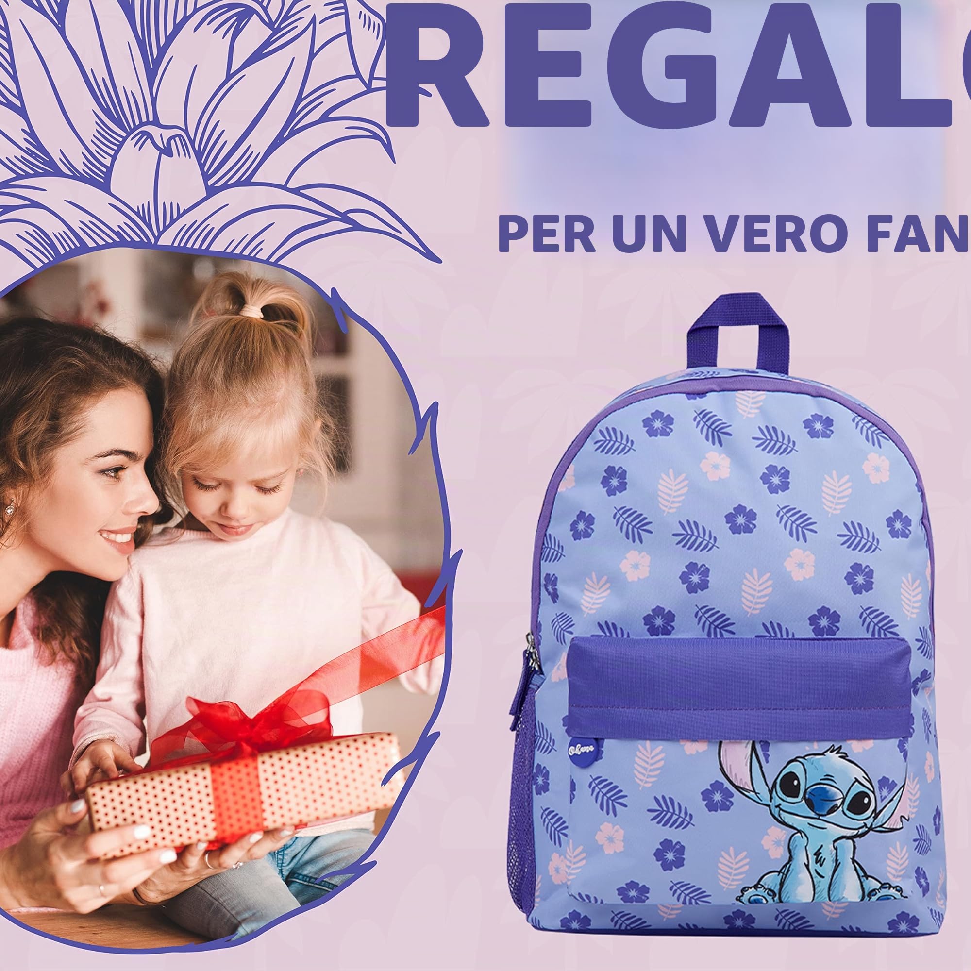 Disney Stitch Zaino Bambini Stitch Zainetto Scuola Elementar Zaino Scuola, Zaini Per Scuola Sport Viaggi (Viola)