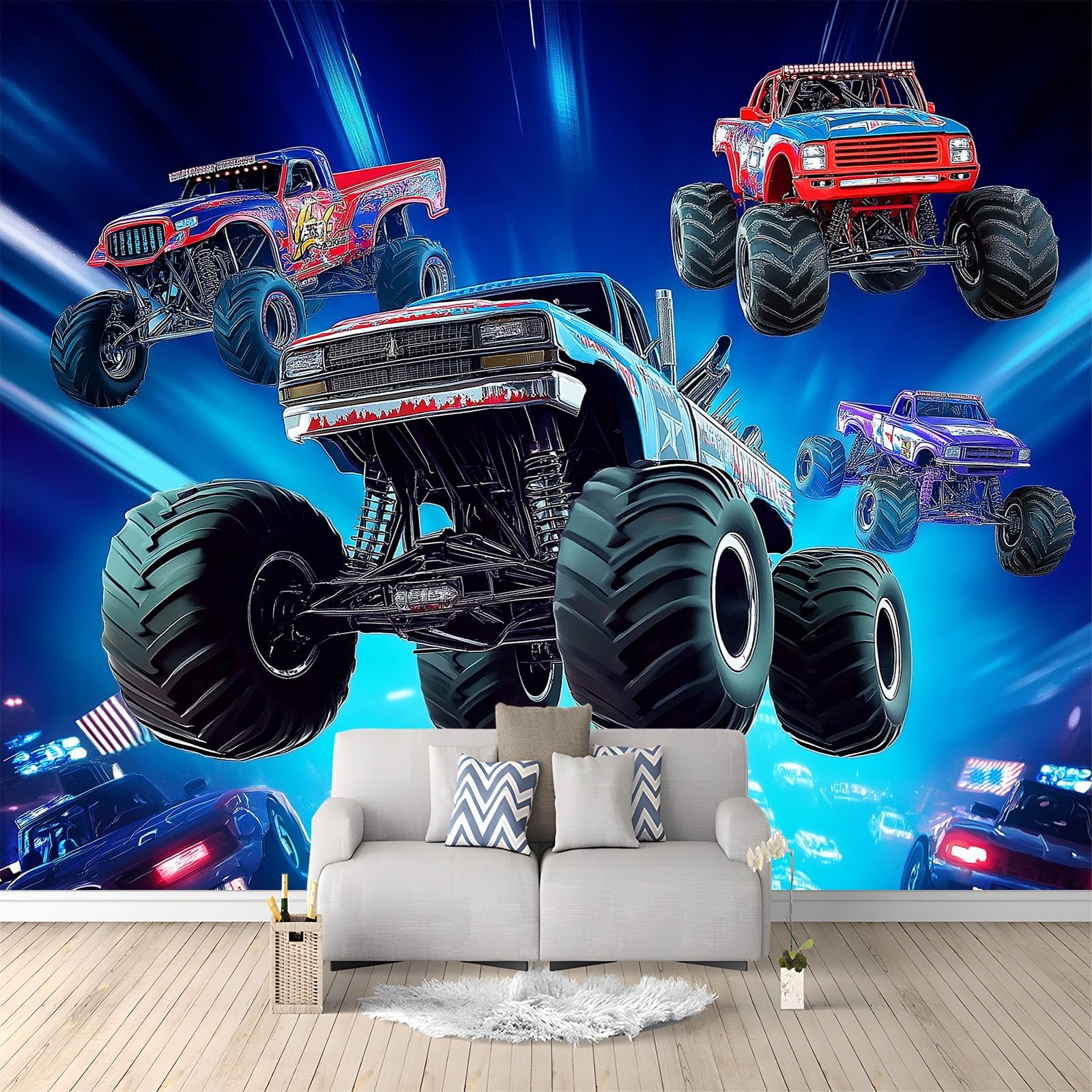 Décoration murale Monster Truck en papier peint intissé 3D pour chambre enfant