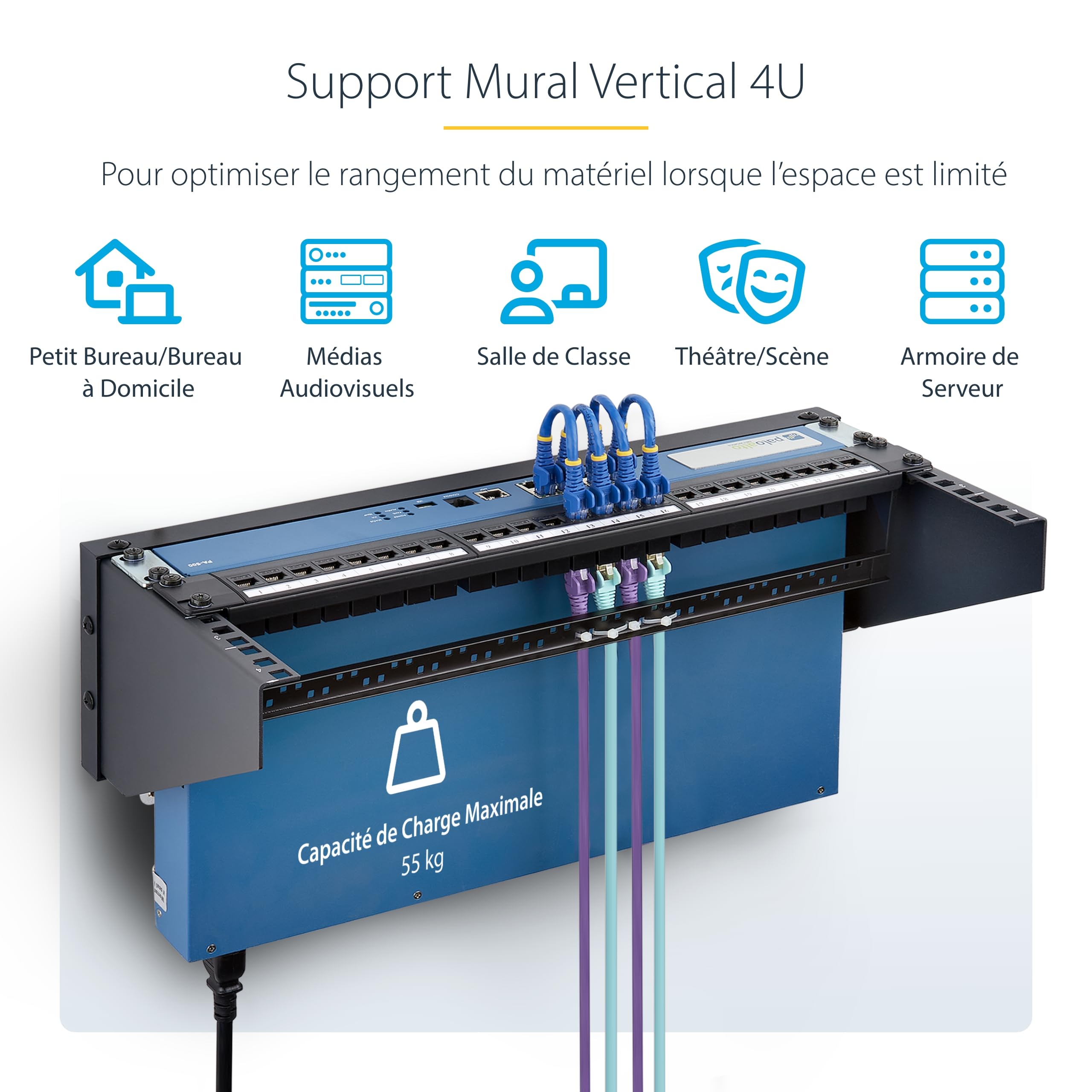 StarTech Support Mural Vertical 4U Montable Rack, 19", 55kg (RK419WALLV-N) | Panneaux de brassage, NAS, Serveurs, EIA-310, Encombrement minimal