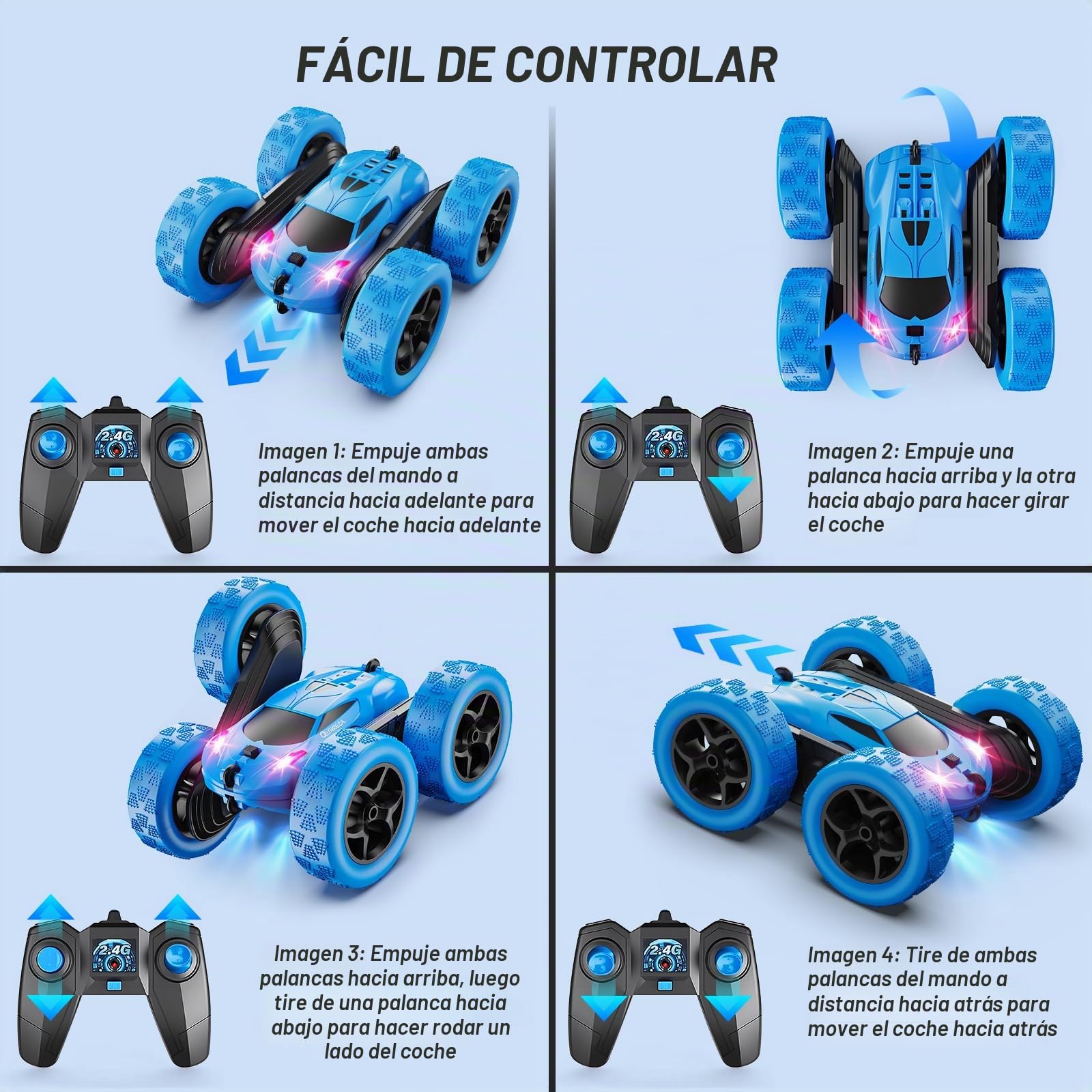 QUNREDA Coche Teledirigido, Coche RC de Juguete para Niños 6-12 Años, 4WD de Acrobacias con Luces LED, Giros 360°, 2,4 GHz, Baterías USB-C Modulares, Regalo de Cumpleaños para Niños, Azul