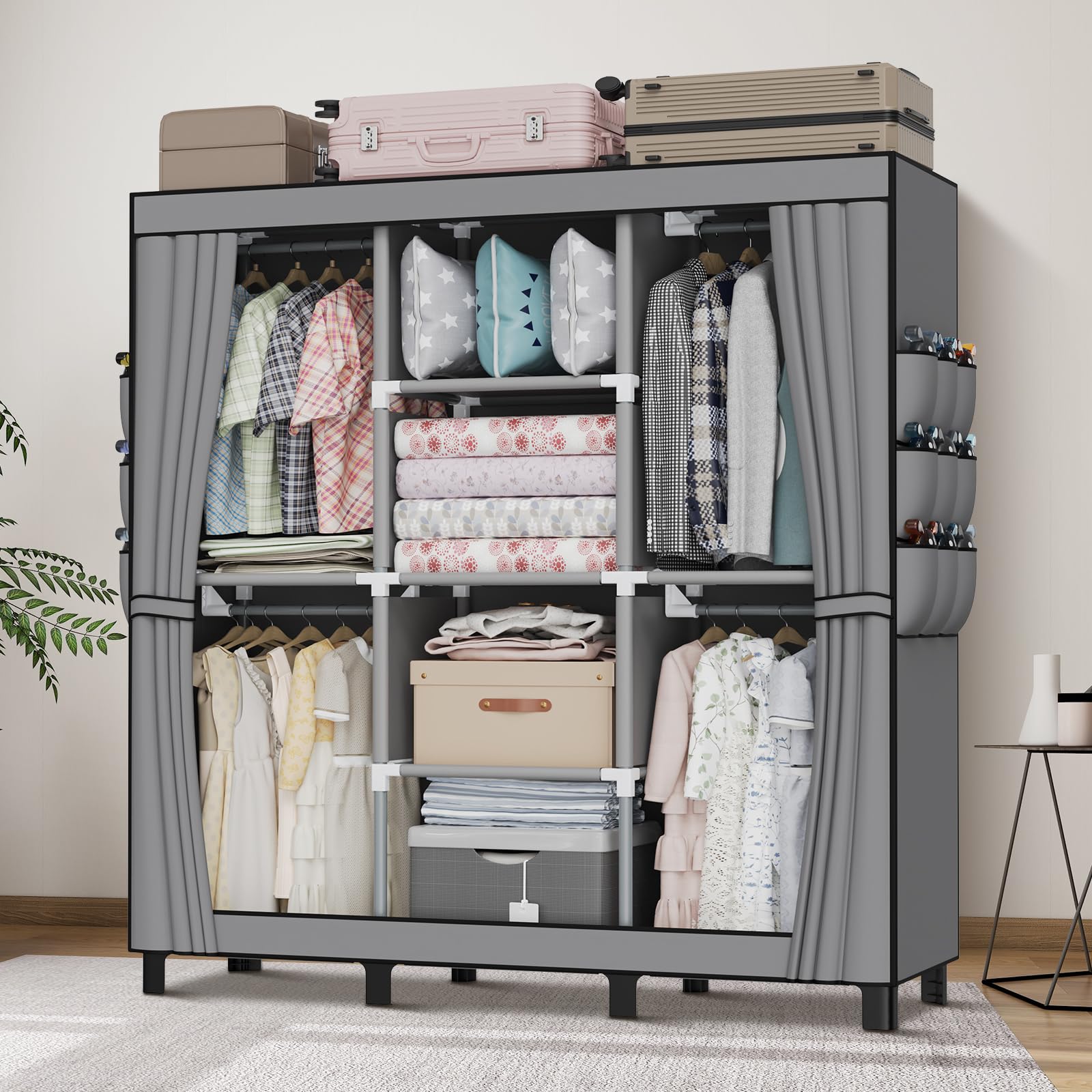 LOEFME Kleiderschrank, Stoffschrank, Faltbarer Kleiderschrank mit Kleiderstange, Stoffkleiderschrank mit 18 Seitentaschen, 45 x 130 x 172 cm, Grau