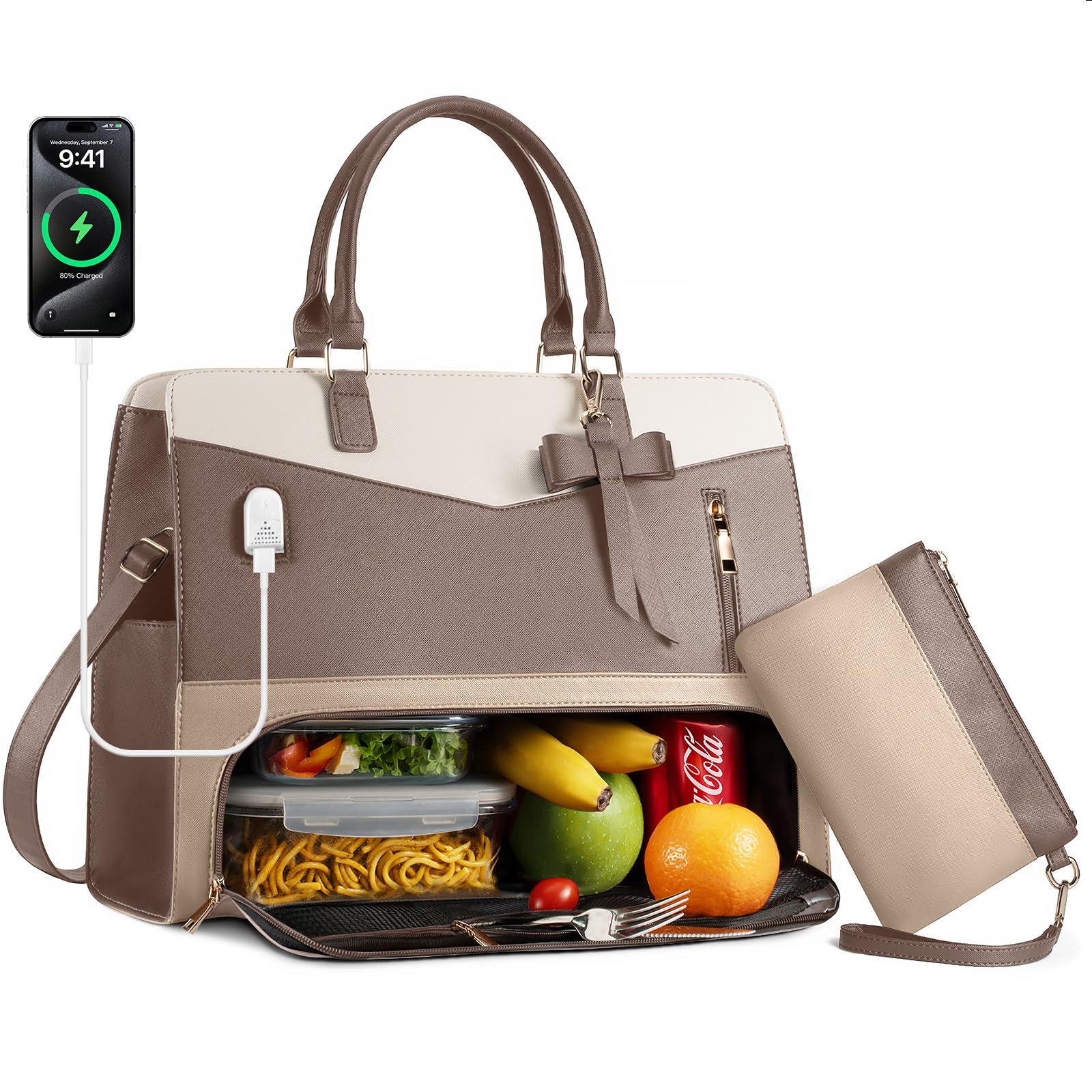Tiostep Lunch Tote Bag for Women 2 in 1 Laptop Work Bag with Lunch Insulated Compartment and Purse Combo Waterproof PU Leather 15.6 Inch Computer Shoulder Bag for Daily, Office, Picnic