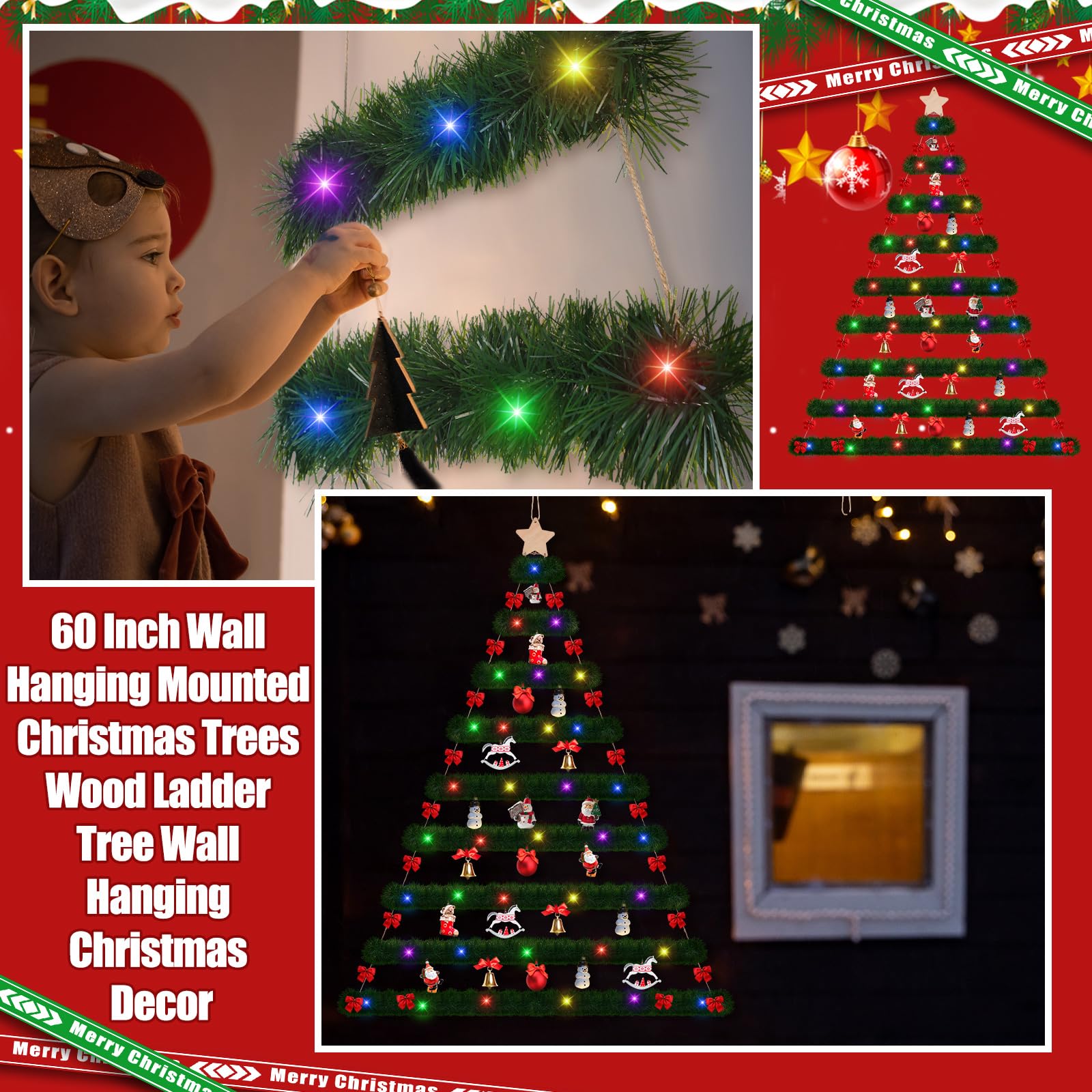 Hollowfly Sapins de Noël en bois à suspendre au mur de 152,4 cm, décoration de Noël avec guirlande de Noël de 6 m avec lumières LED et crochets en métal pour fête rustique