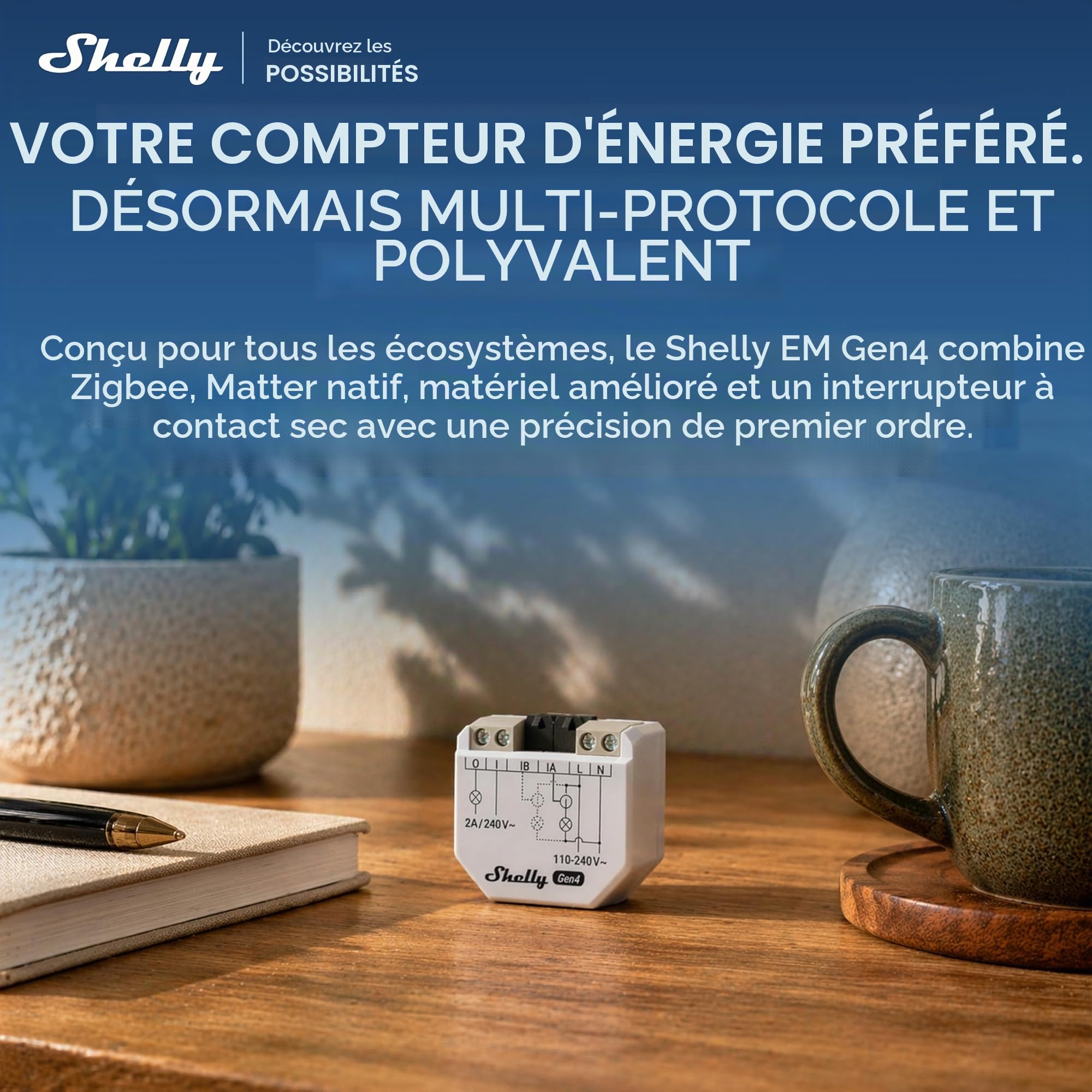 Shelly EM Gen4 – Compteur d'Énergie Monophasé 2 Canaux, Wi-Fi 6, Zigbee, Matter, Pince 50A incluse, 30 Jours d'Historique Local, Relais Contact Sec 2A, Hub non-requis, Alexa, Google Home