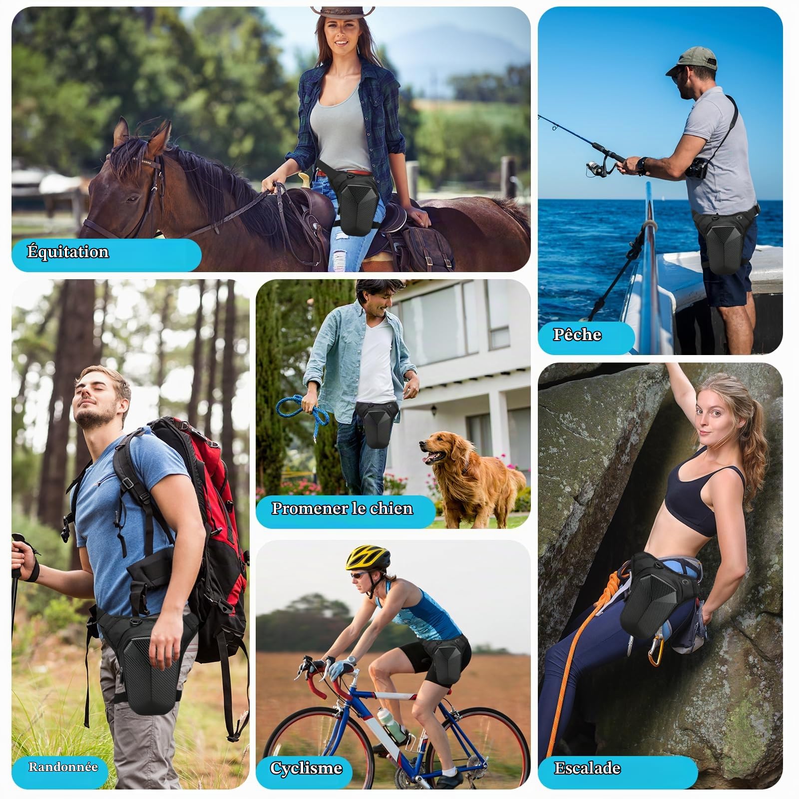 Sacoche de Jambe Moto Sac Banane Pochette Ceinture Sac de Jambe Capacité Extensible Coque EVA Sangle de Jambe Réglable pour Pêche Randonnée Cyclisme
