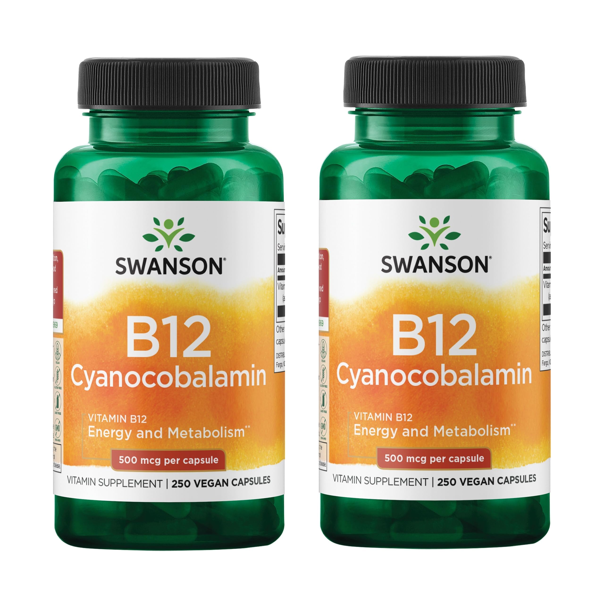 Swanson B12 Cyanocobalamin Metabolism & Energy Support, 250 Capsules 250 Count (Pack of 2)