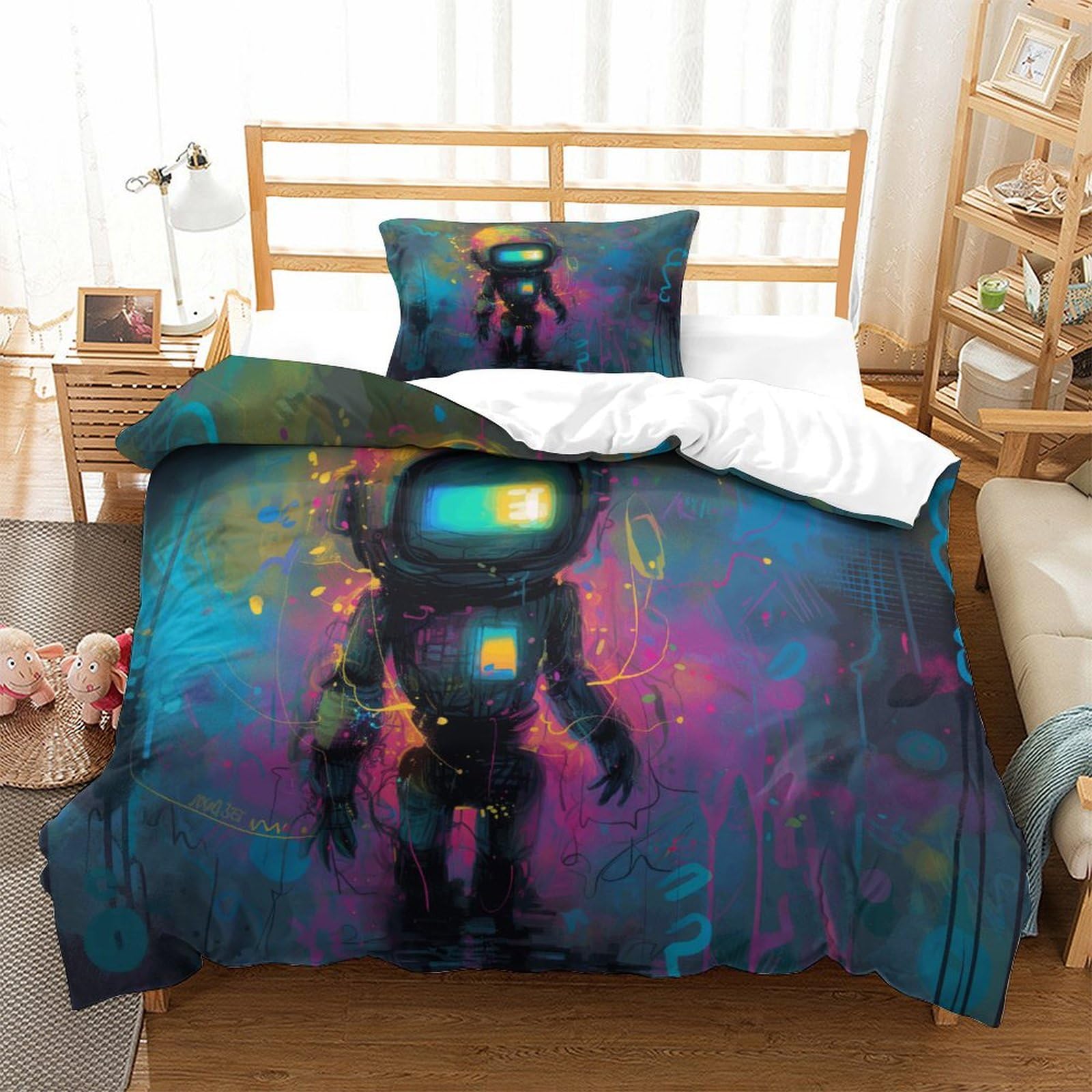 P1S9U7W5Y 3D Printed Space Robot Duvet Cover Set 3pcs Microfiber Astronaut Bedding Set Single（135x200cm）