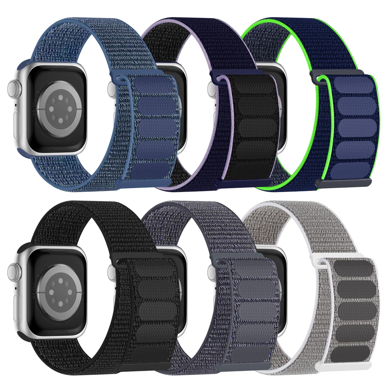 6 Pack Sport Nylon Loop Band Compatible with Apple Watch Band 38mm 40mm 41mm 42mm 44mm 45mm 46mm 49mm for Women Men, Adjustable Breathable Braided