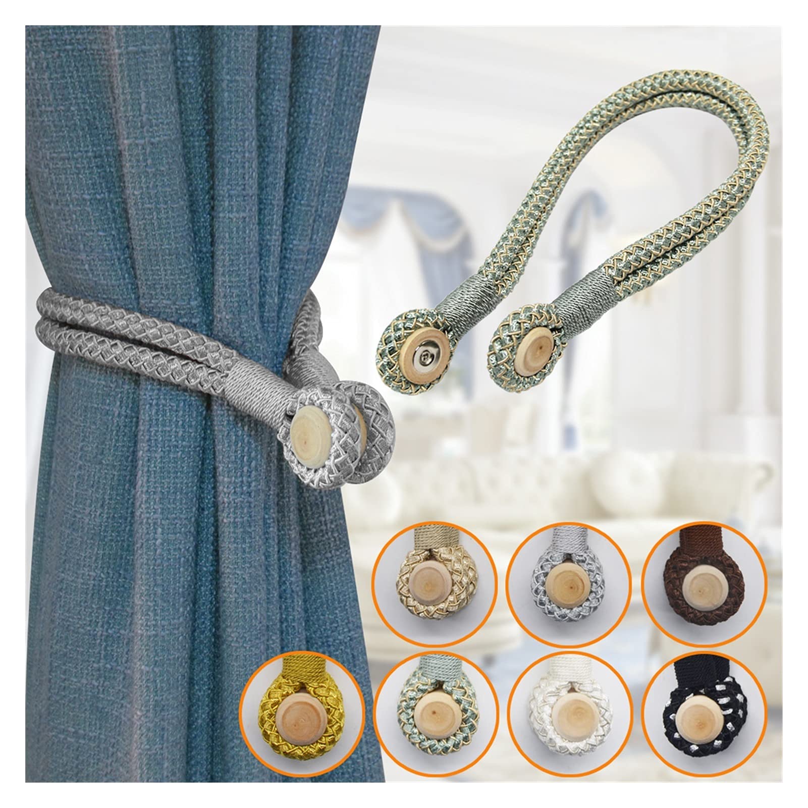 Alzapaños magnéticos para cortinas, 4 clips de sujeción con hebilla de correa de cuerda para un tratamiento simple y elegante de ventana, fácil instalación
