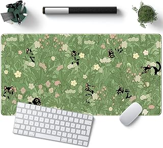 Green Mouse Pad Xl Cat Cute Plant Cool Mouse Keyboard Pad For Desk, Keyboard Mat Kawaii Black Cat Flower Mouse Pad Green Desk Mat Desk Decor With Stitched Edges Non-Slip Large Computer Mat 31.5x15.7in
