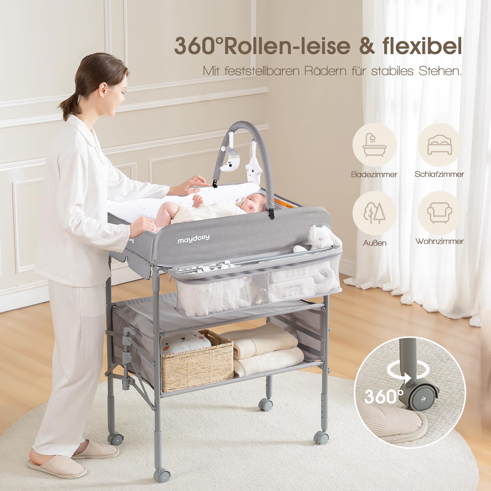 Maydolly Tragbarer Wickeltisch für Babys, Höhenverstellbar mit Rädern, Wasserdichtes Sitzkissen, Grau
